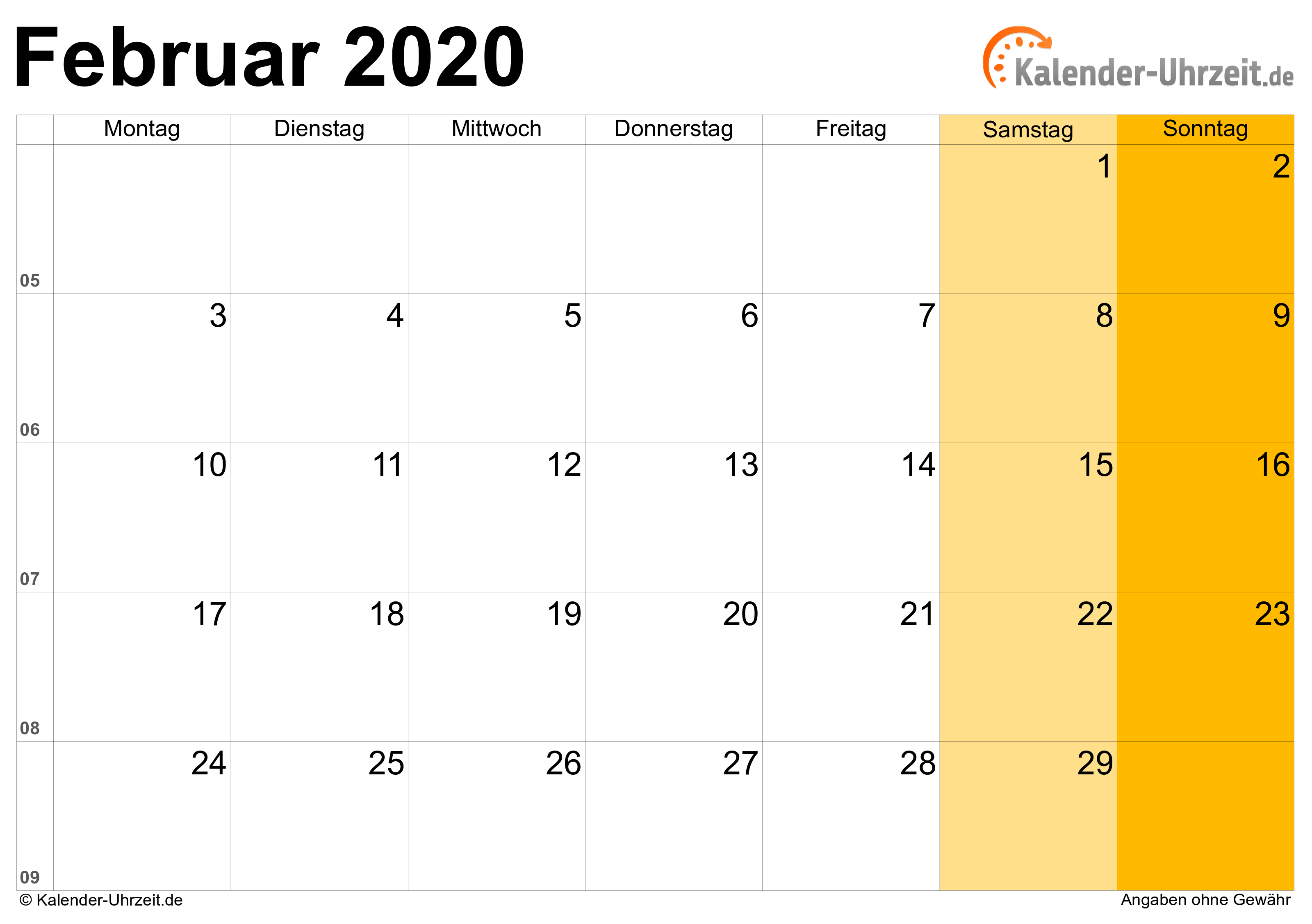 Kalender Februar 2020 mit Feiertagen