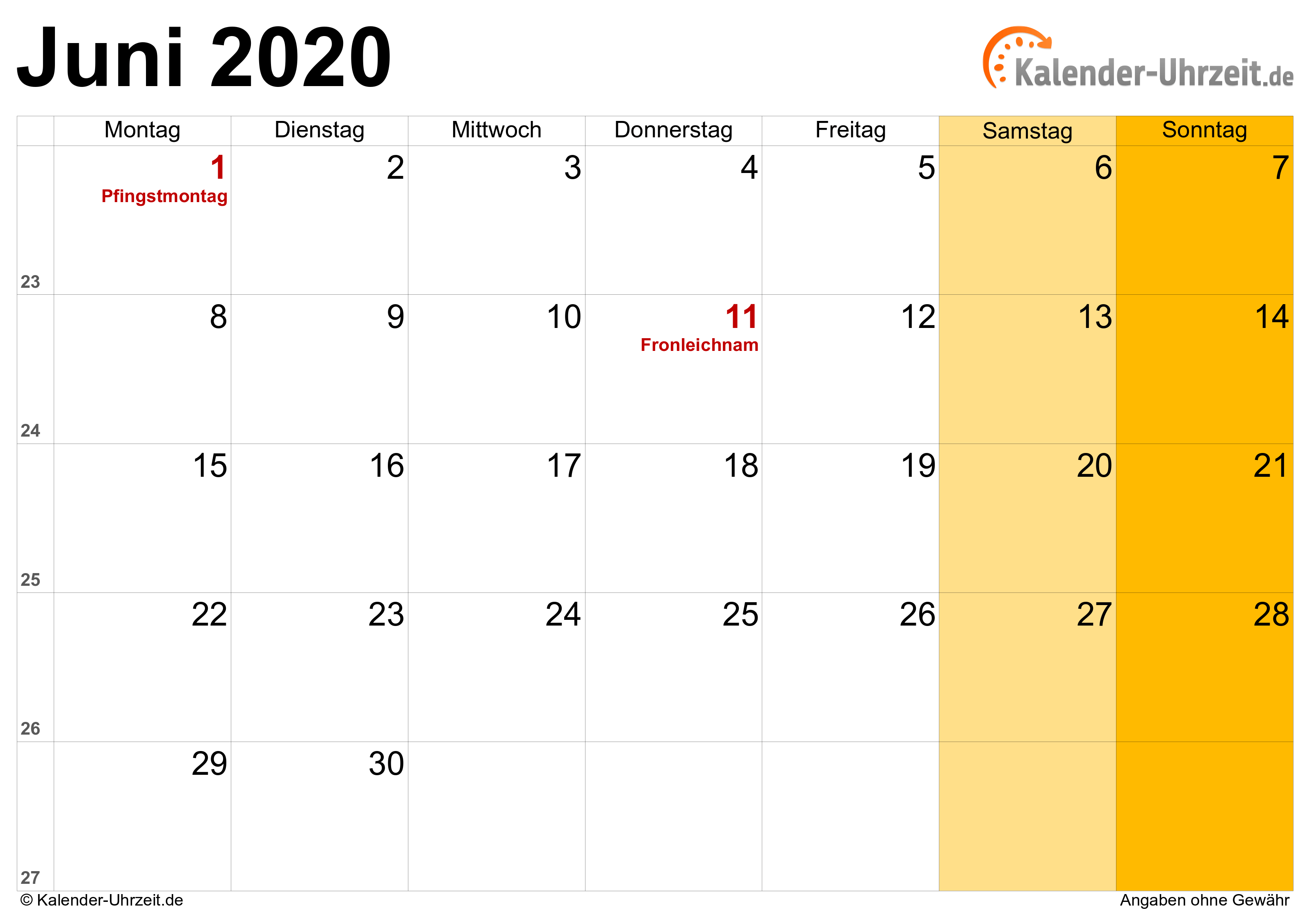 Kalender Juni 2020 mit Feiertagen