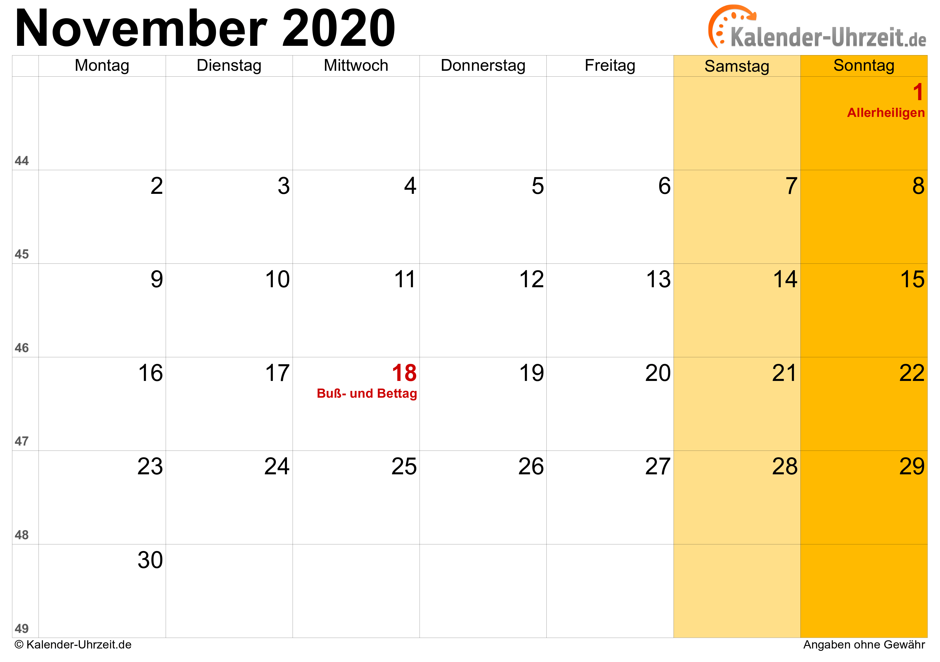 Kalender November 2020 mit Feiertagen