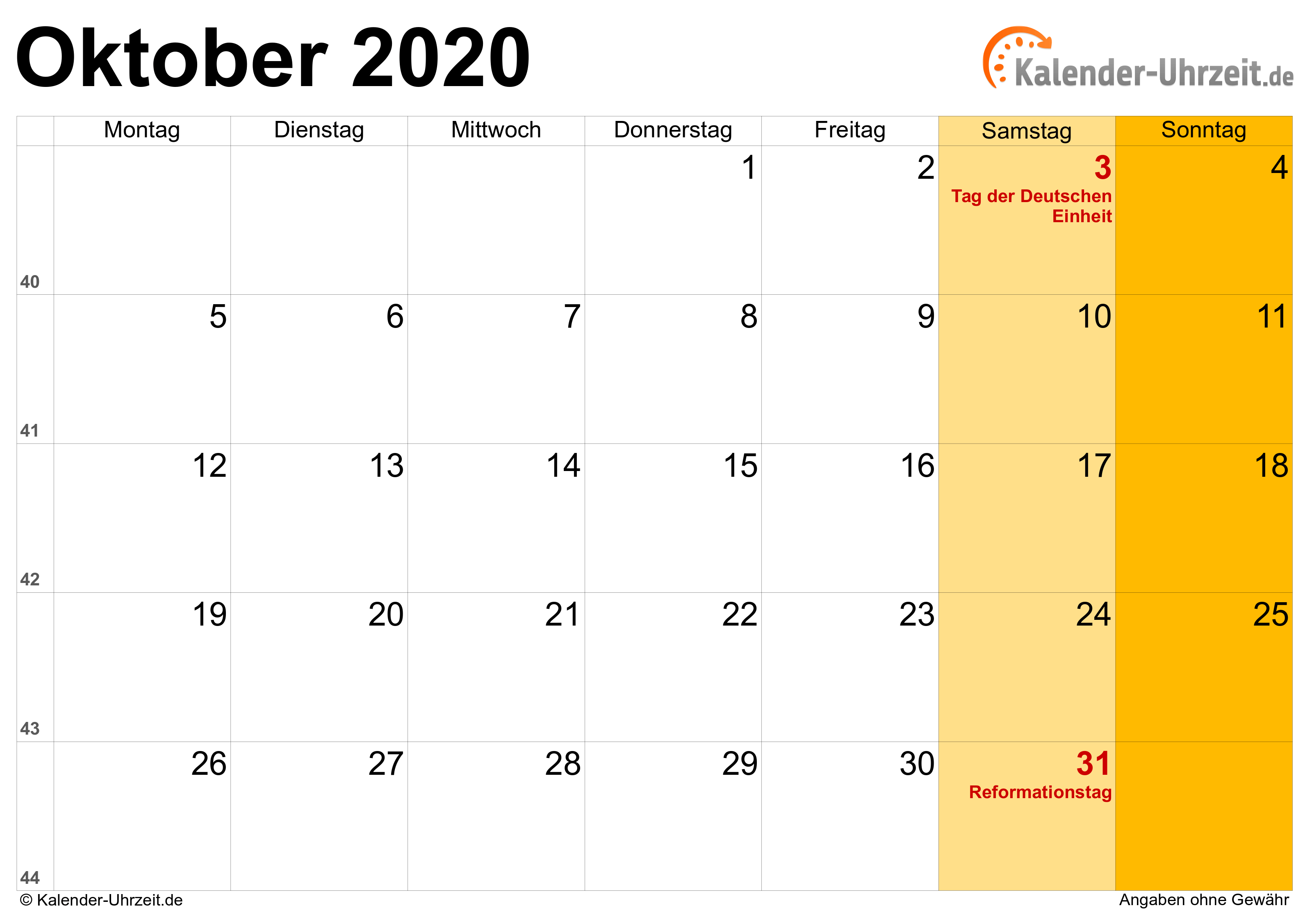Kalender Oktober 2020 mit Feiertagen