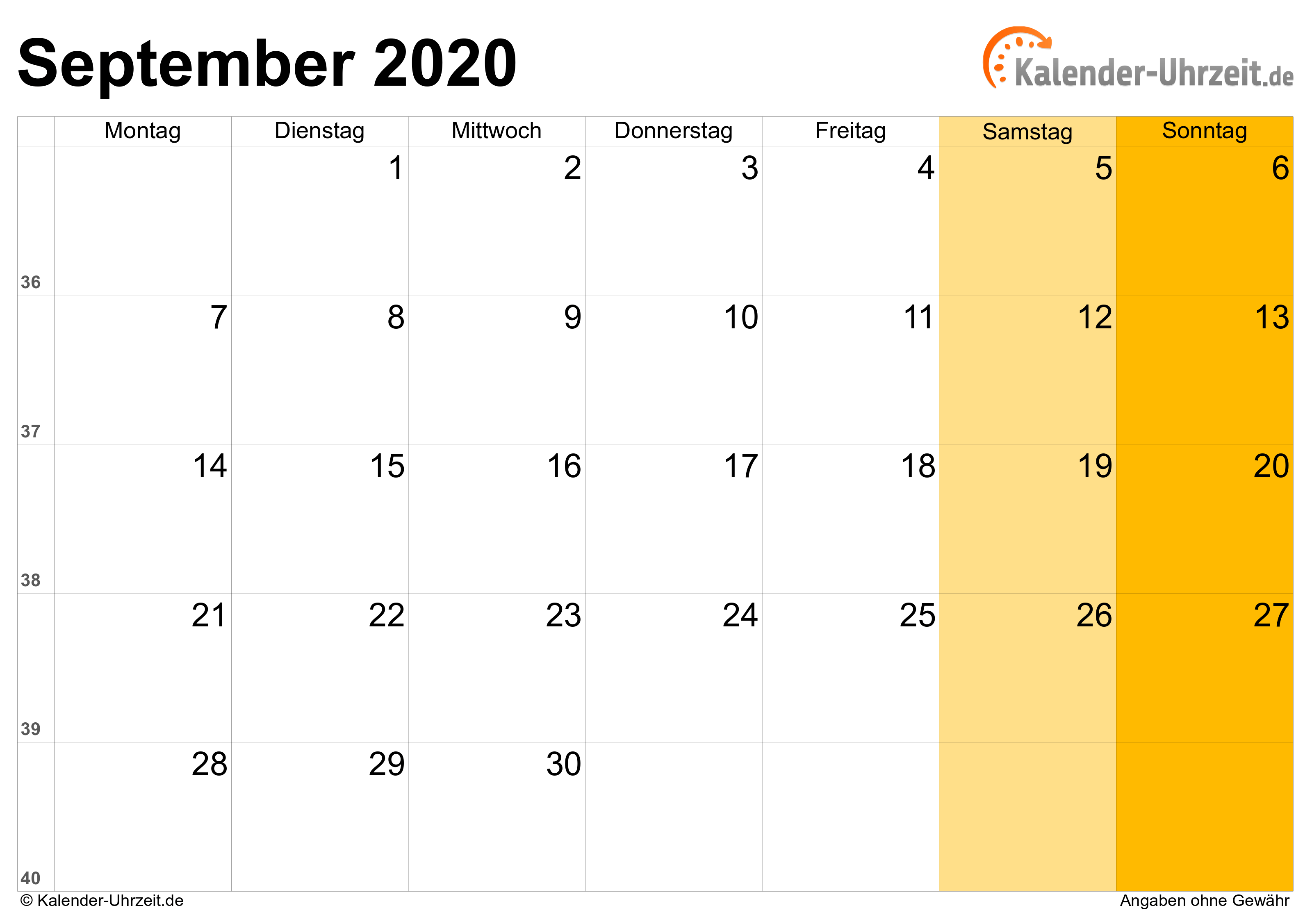 Kalender September 2020 mit Feiertagen