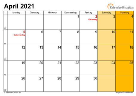 Kalender April 2021 mit Feiertagen