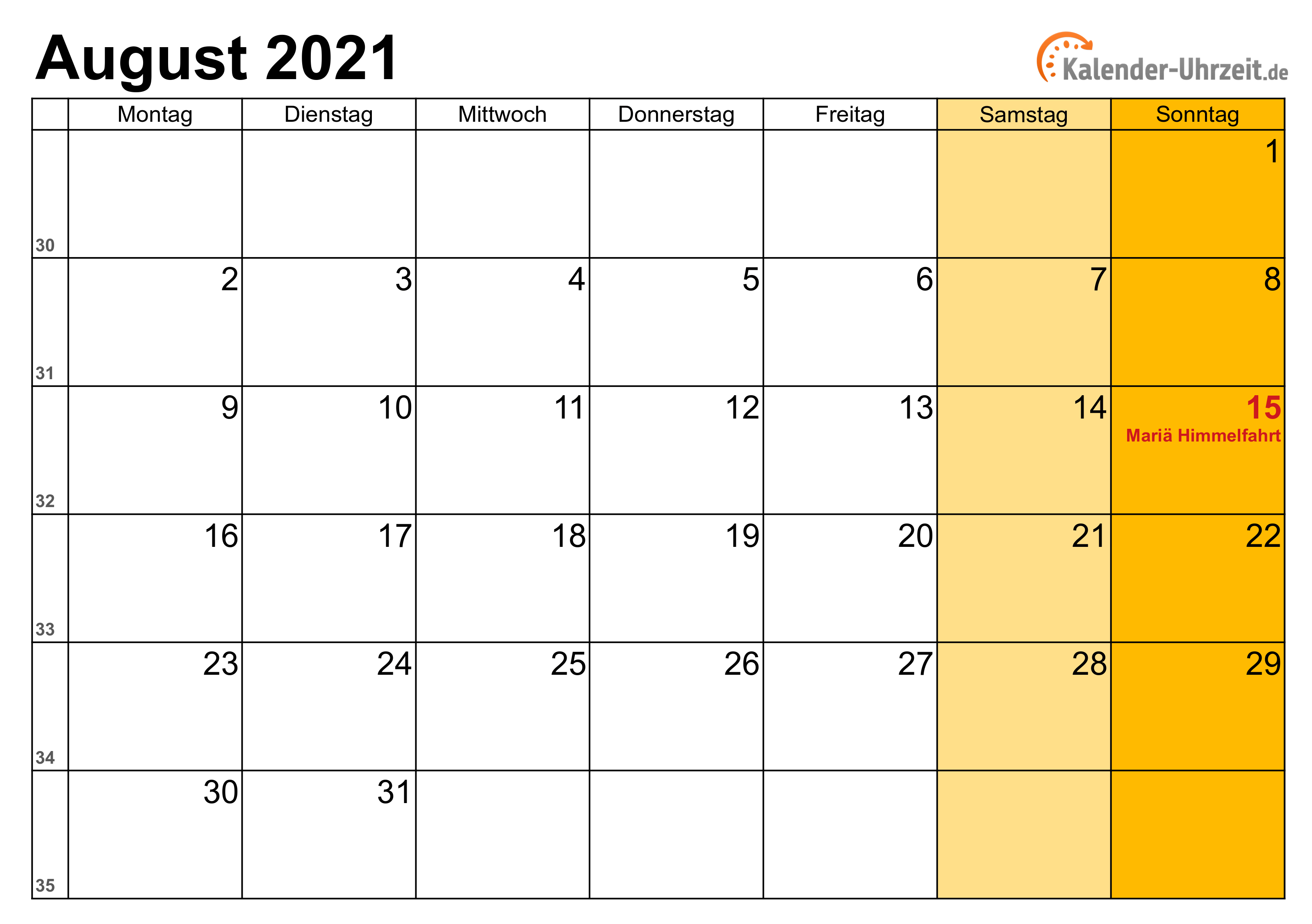 Kalender August 2021 mit Feiertagen
