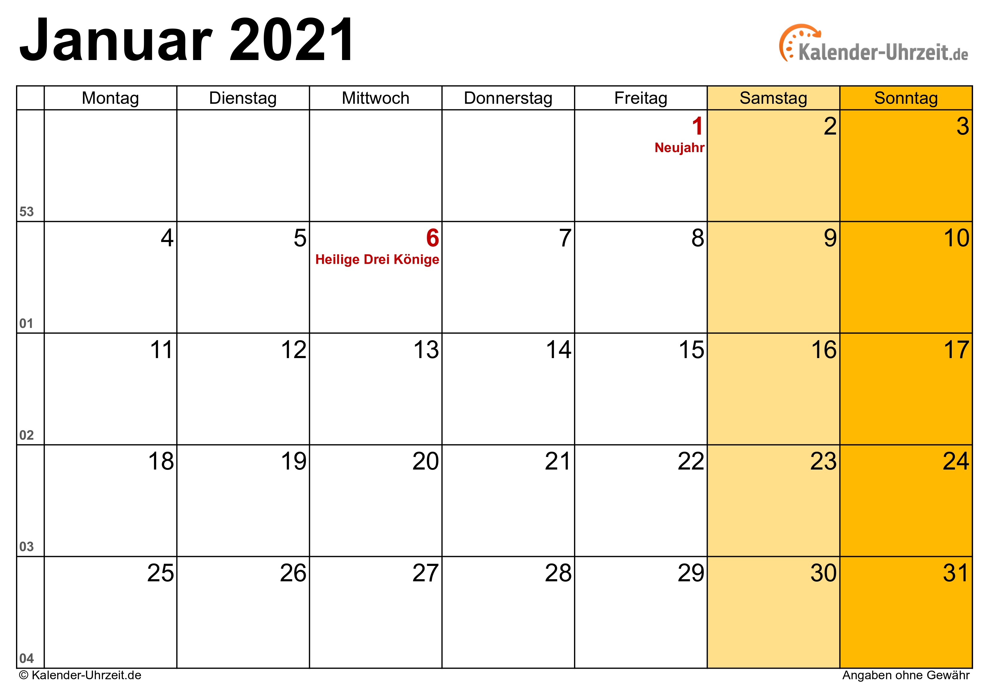 Kalender Januar 2021 mit Feiertagen
