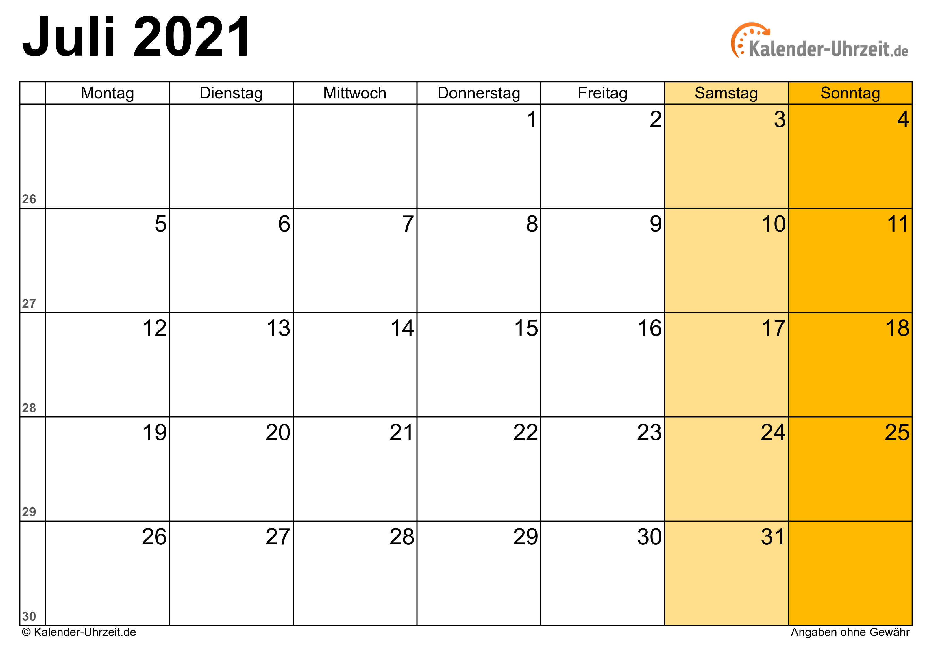 Juli 2021 Kalender mit Feiertagen