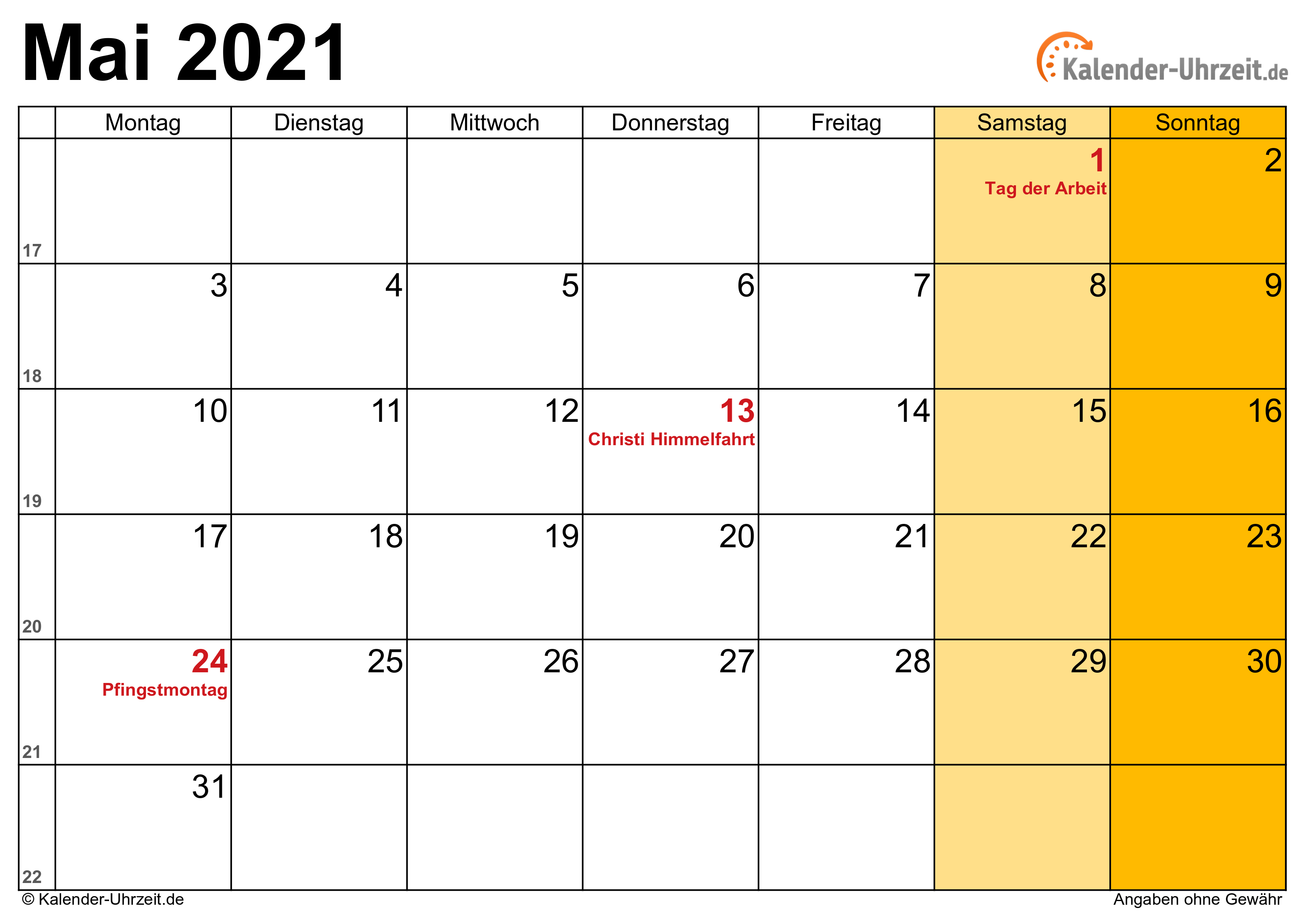 Kalender Mai 2021 mit Feiertagen