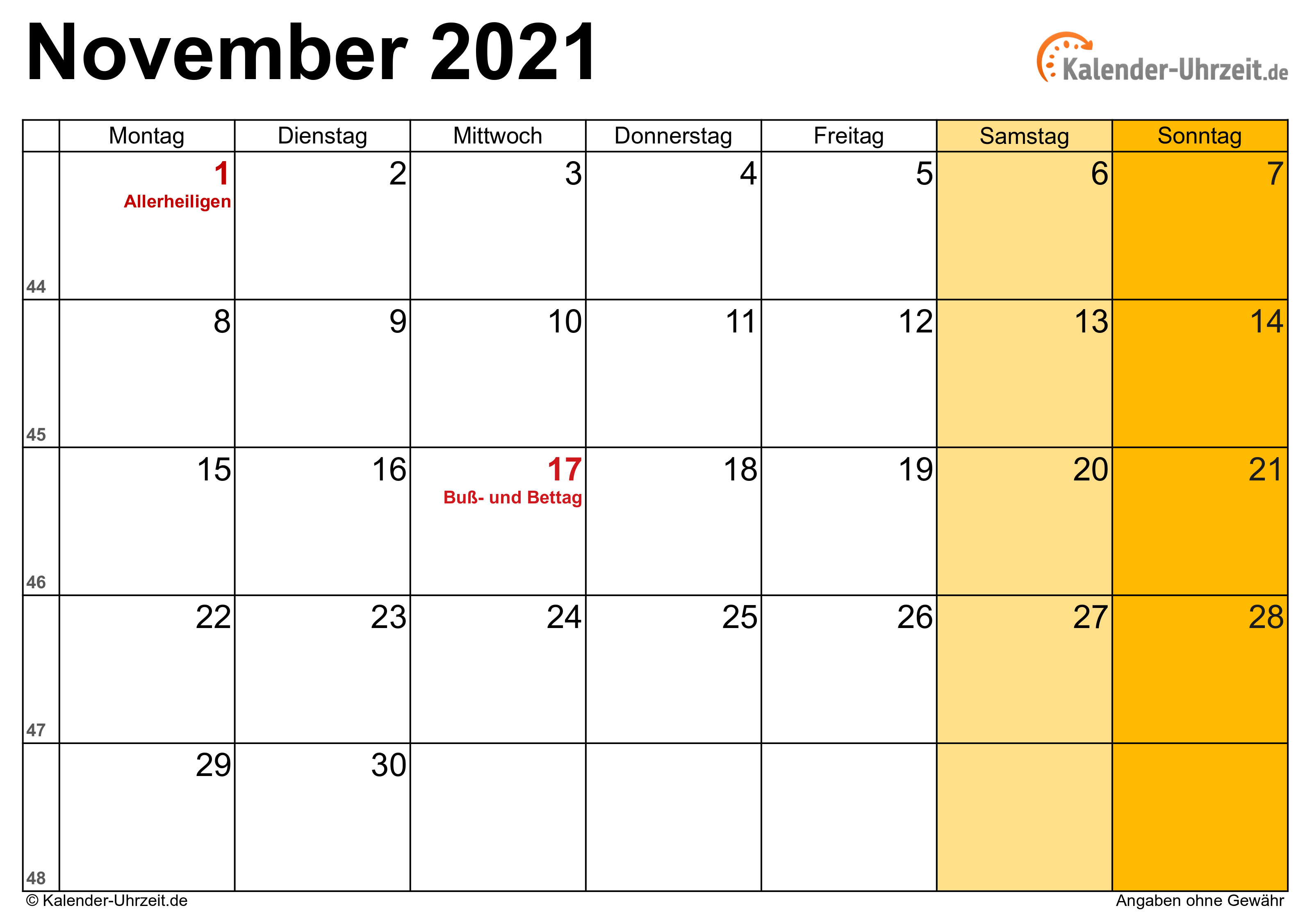Kalender November 2021 mit Feiertagen