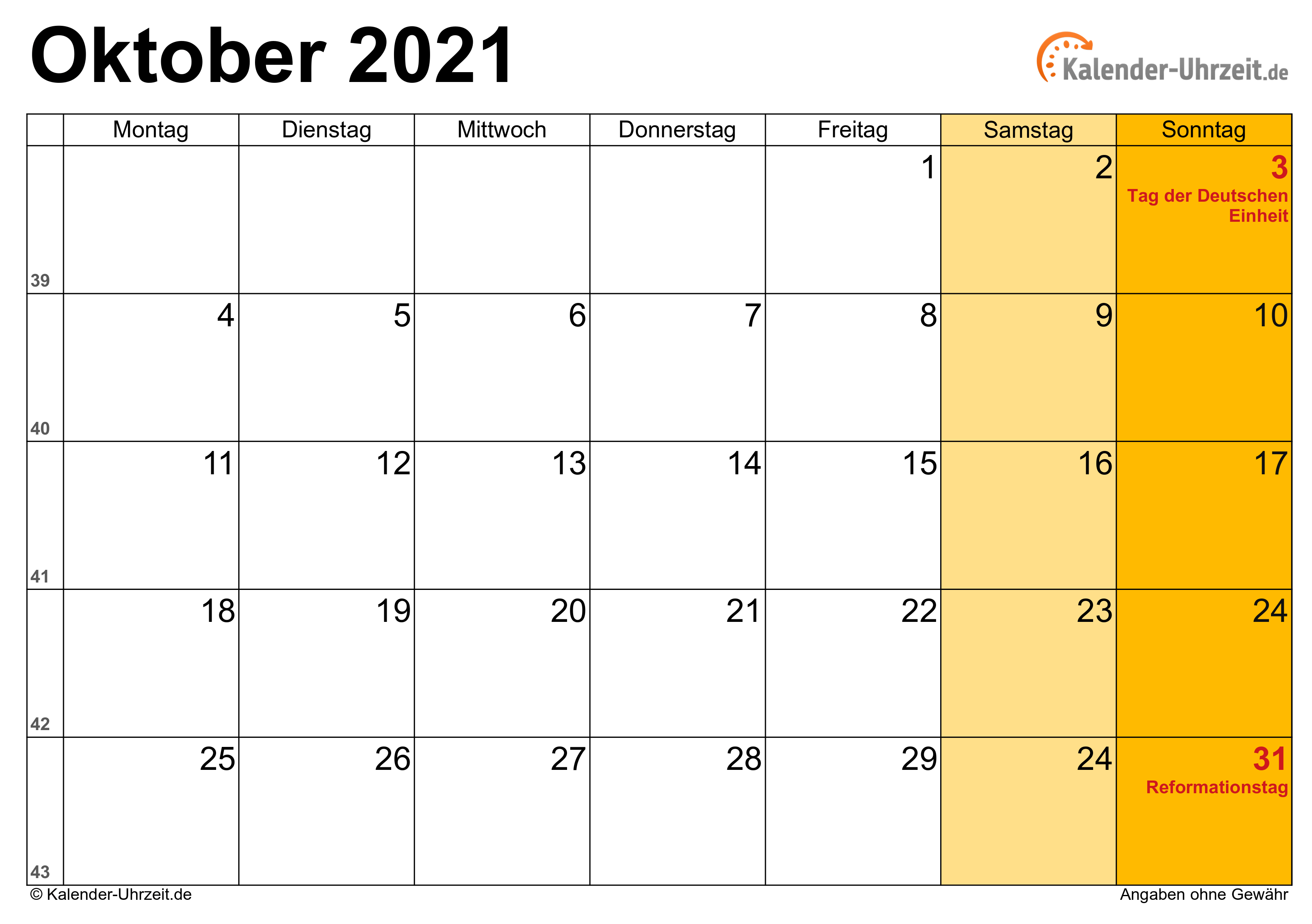 Kalender oktober 2021