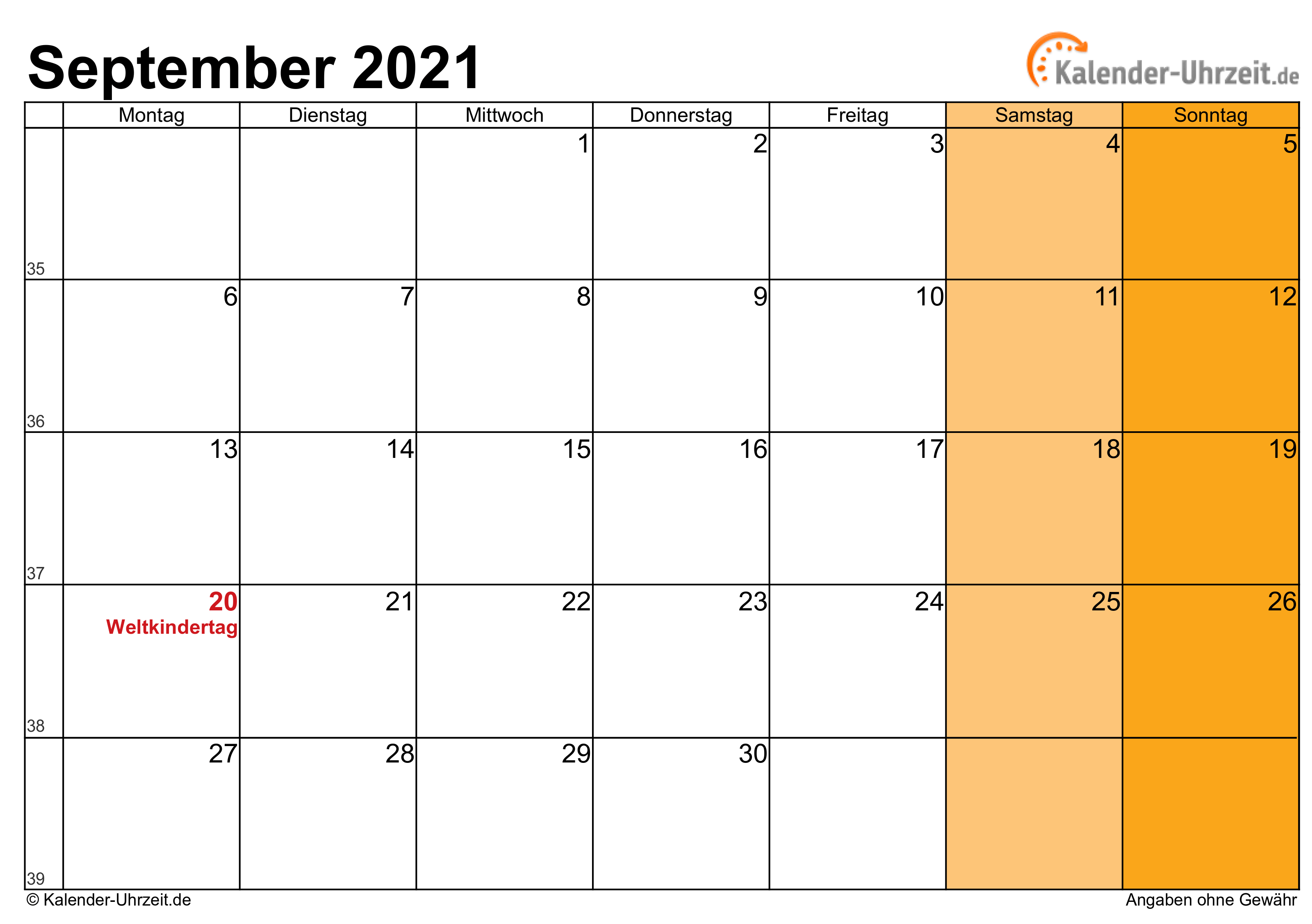 Kalender September 2021 mit Feiertagen