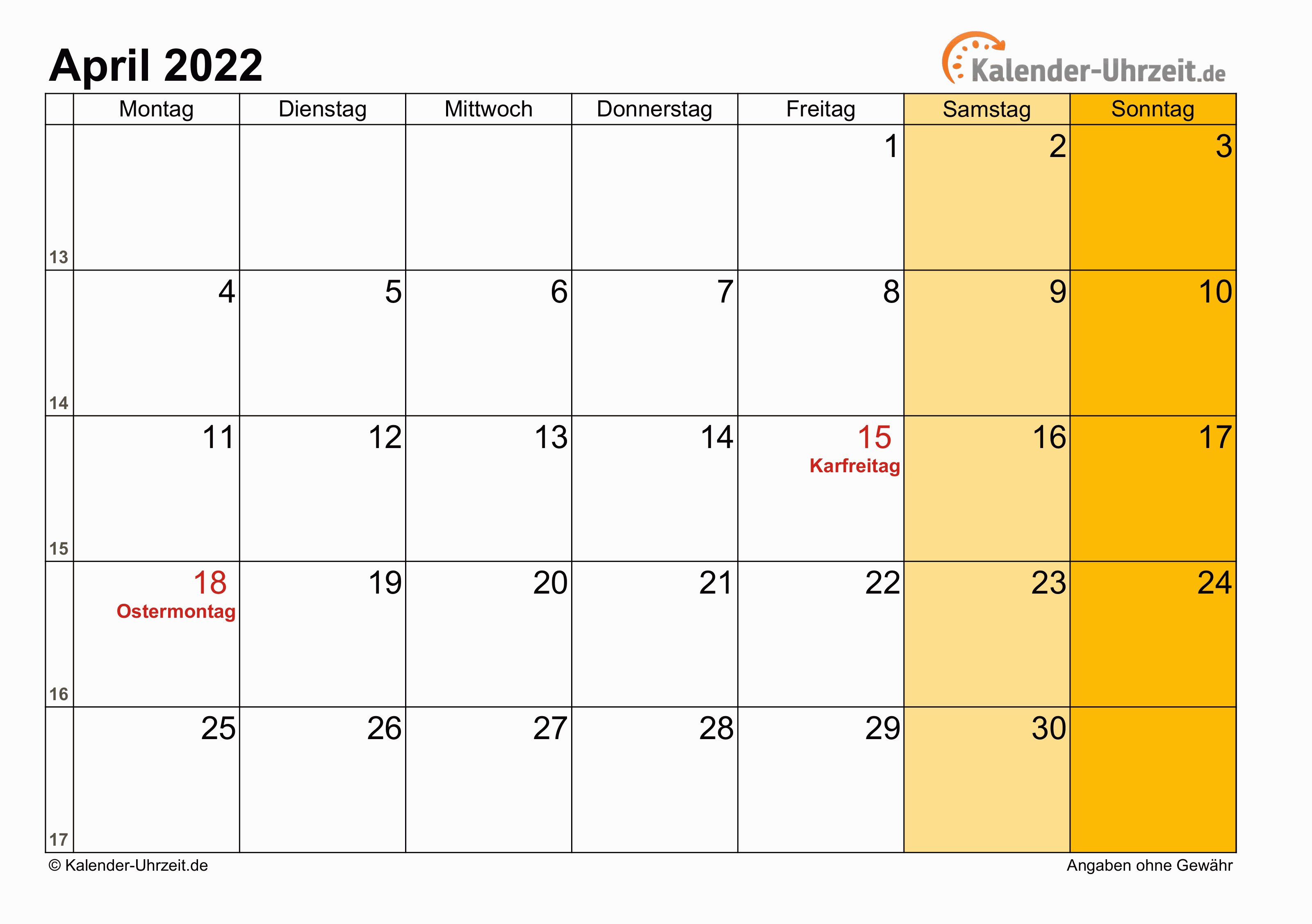 Kalender April 2022 mit Feiertagen