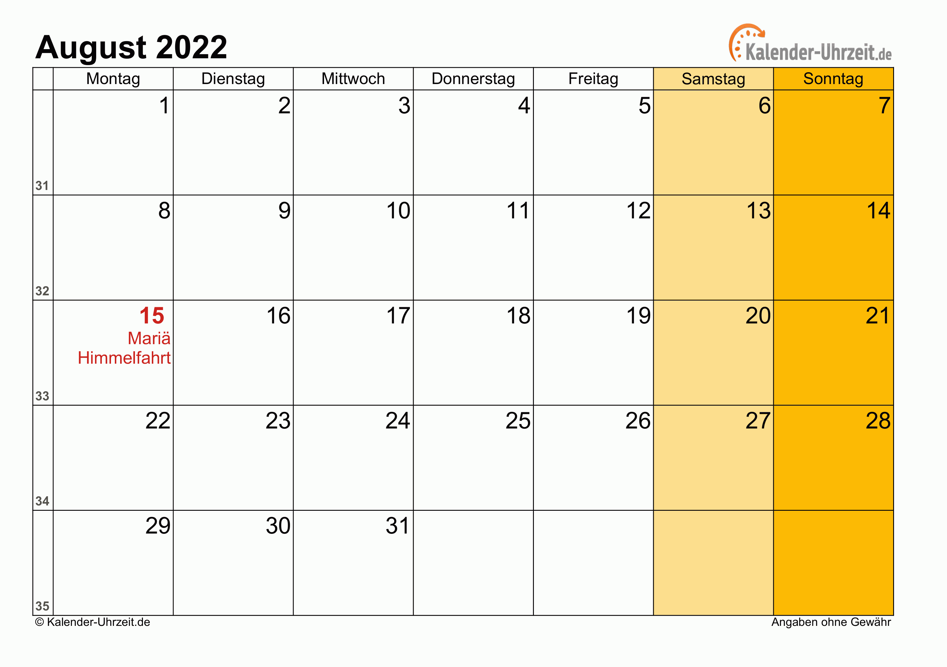 Kalender August 2022 mit Feiertagen