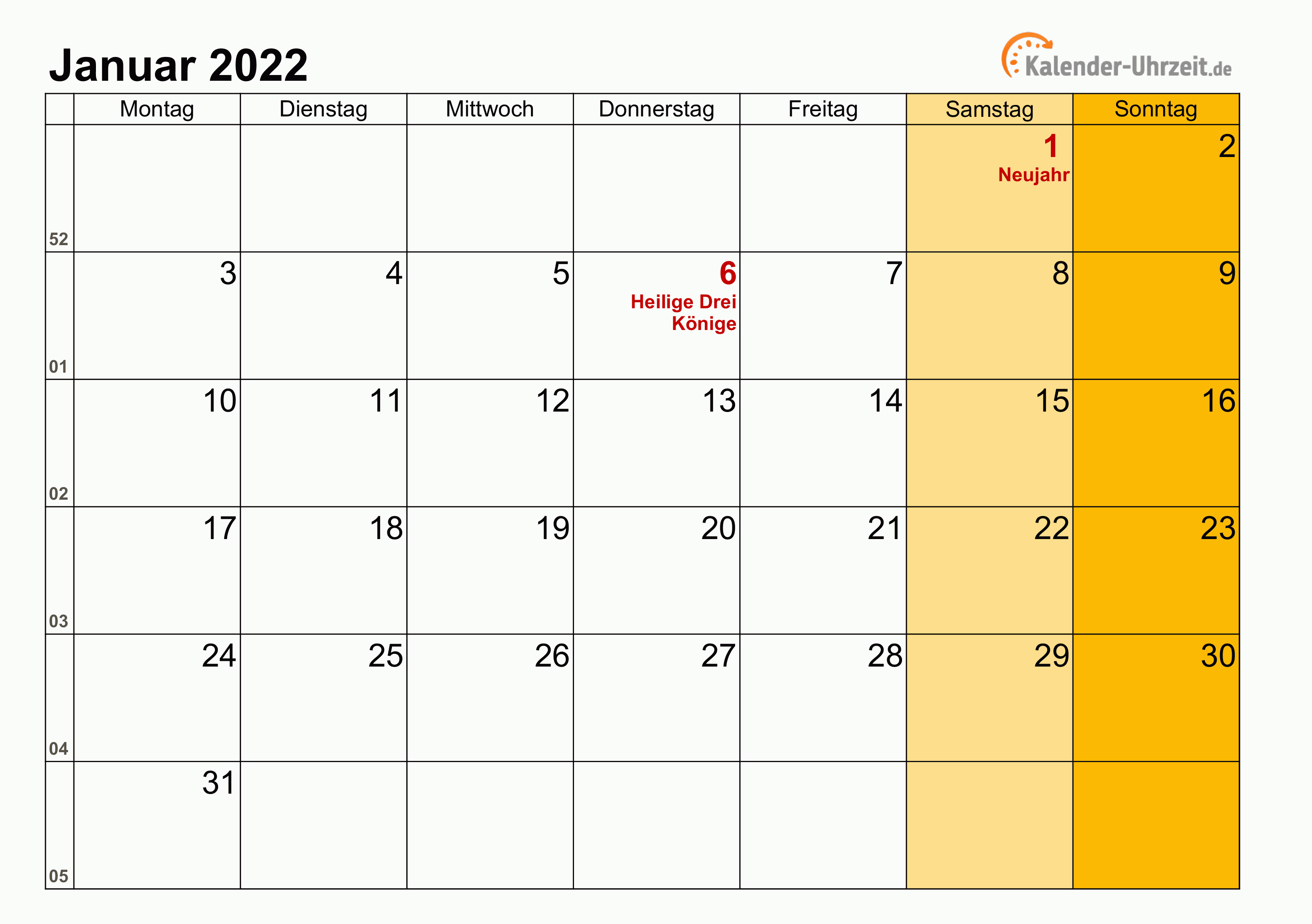  Januar  2022  Kalender  mit Feiertagen