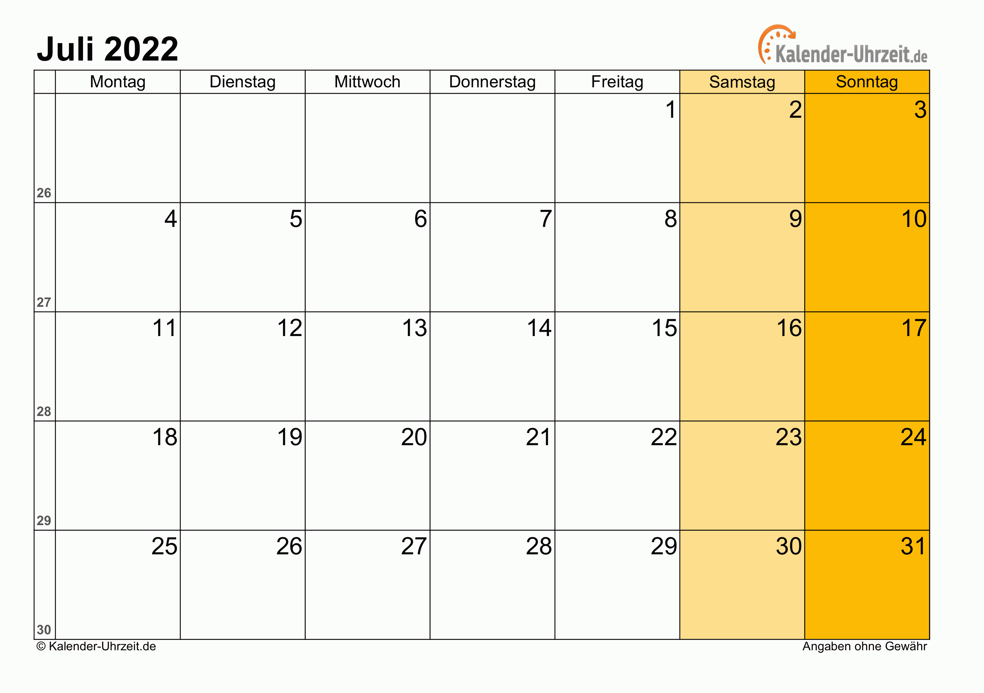 Kalender Juli 2022 mit Feiertagen