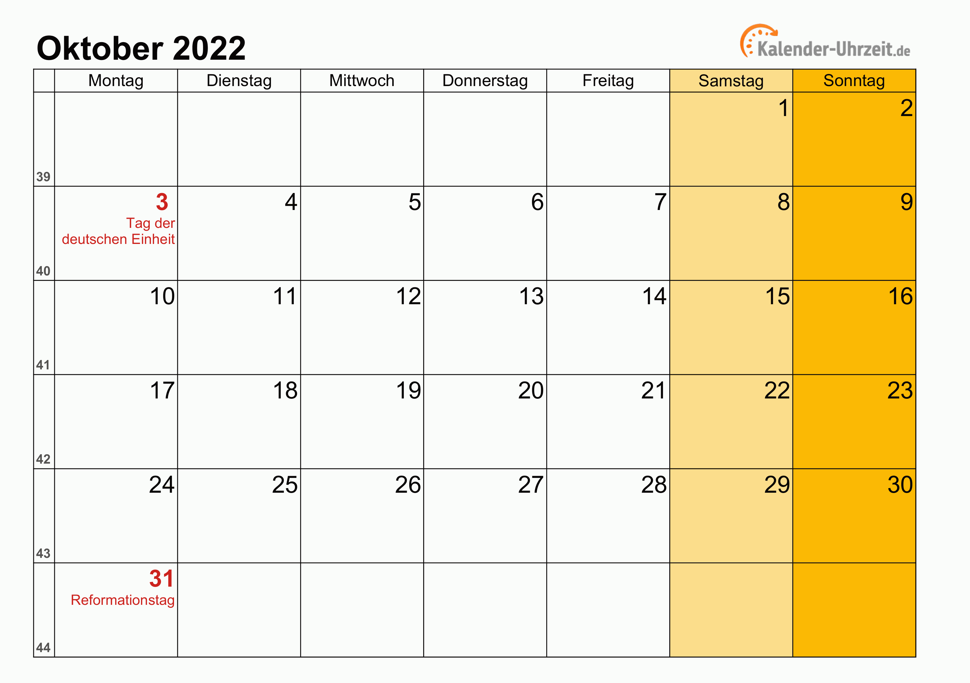  Oktober  2022 Kalender  mit Feiertagen