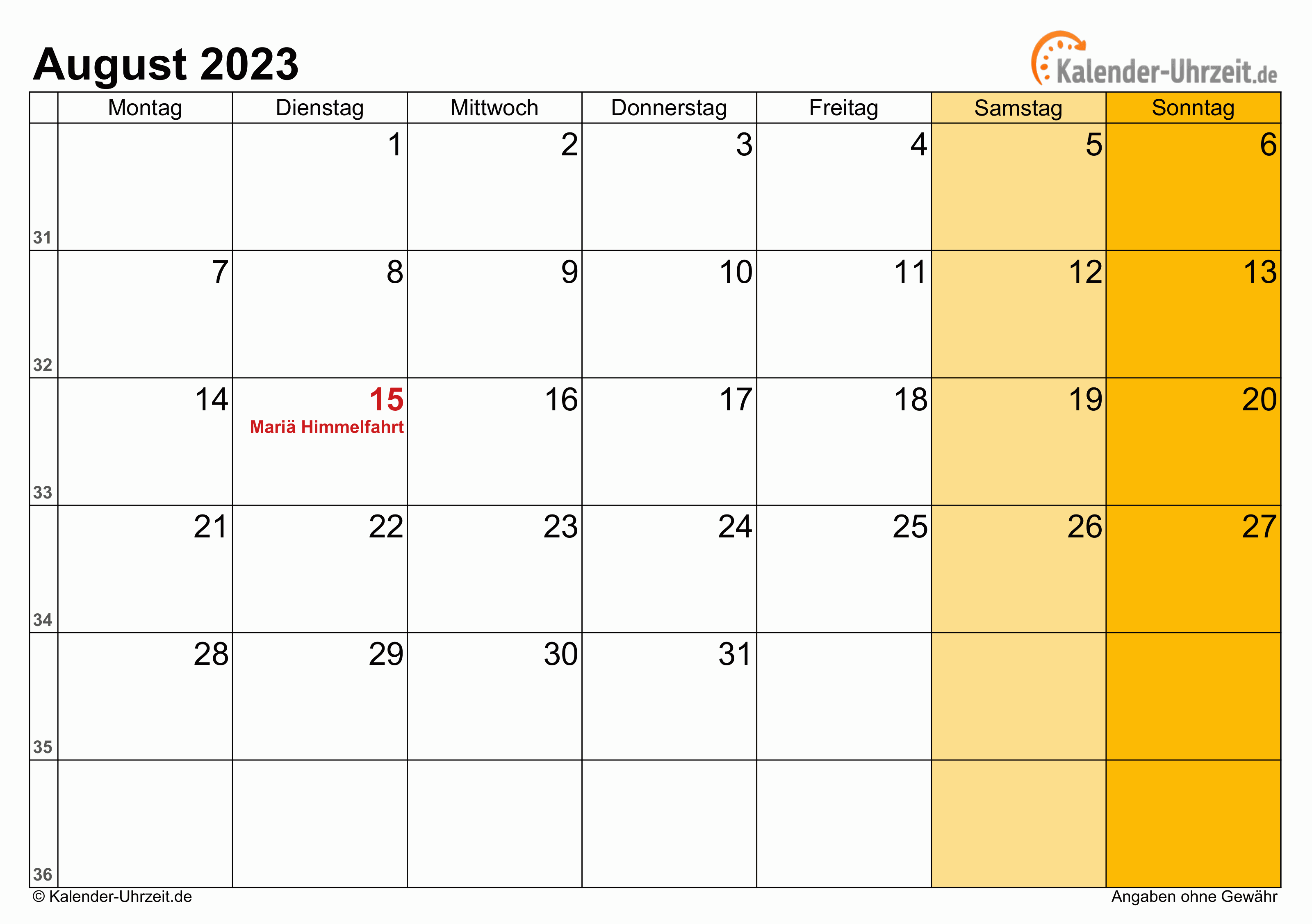 Kalender August 2023 mit Feiertagen