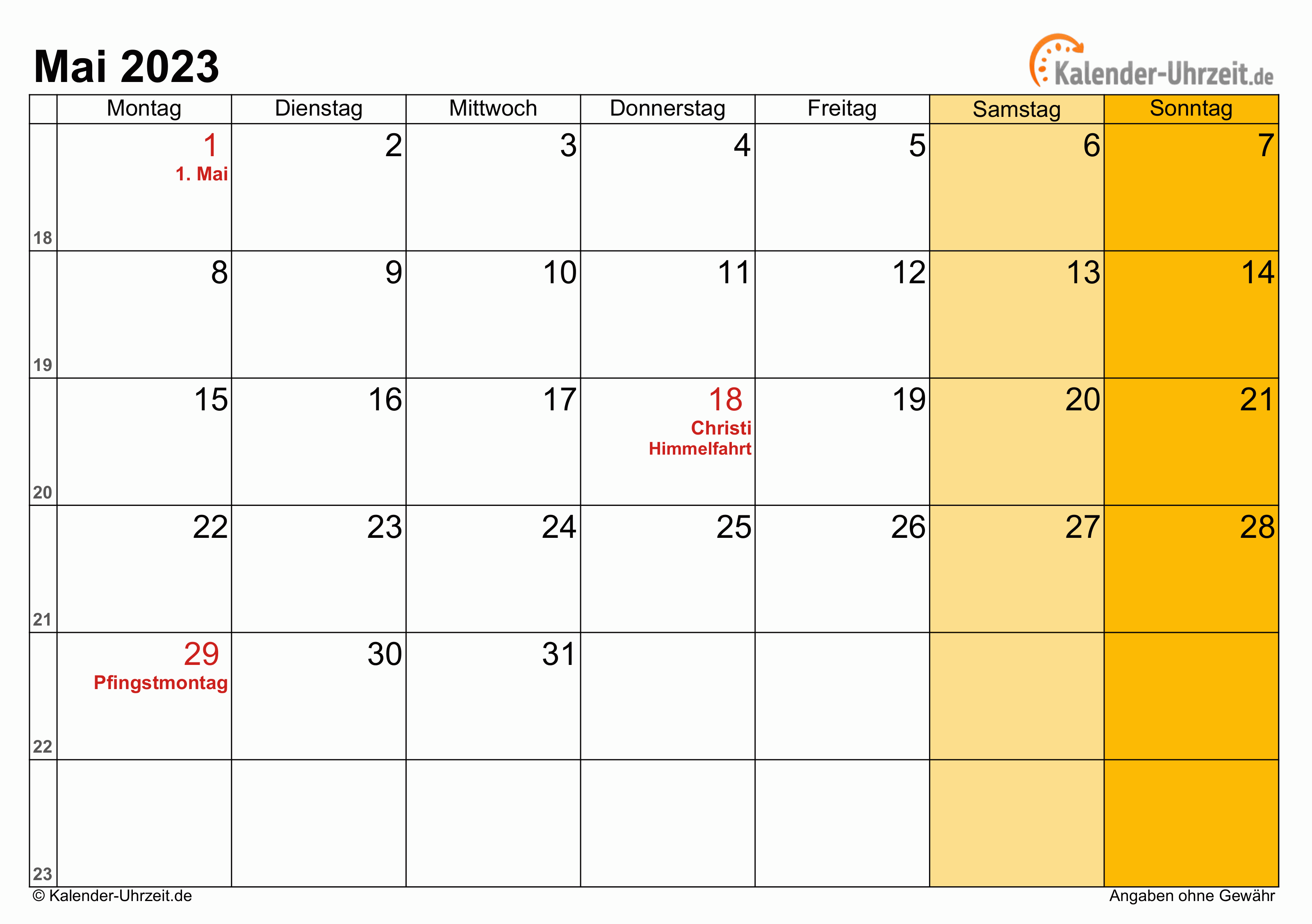 Kalender Mai 2023 mit Feiertagen