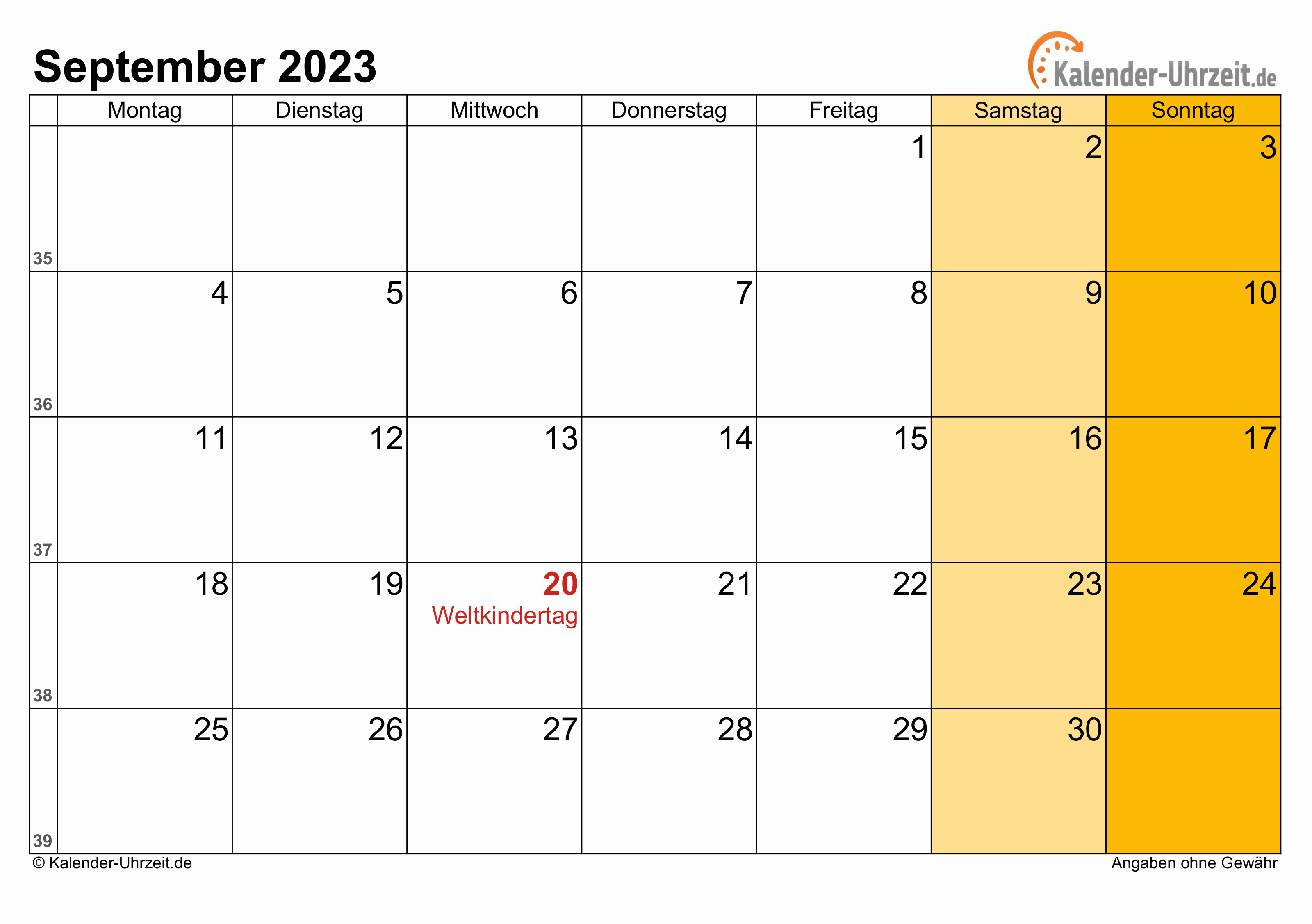 Kalender September 2023 zum Ausdrucken Kalender September 2023 mit Feiertagen