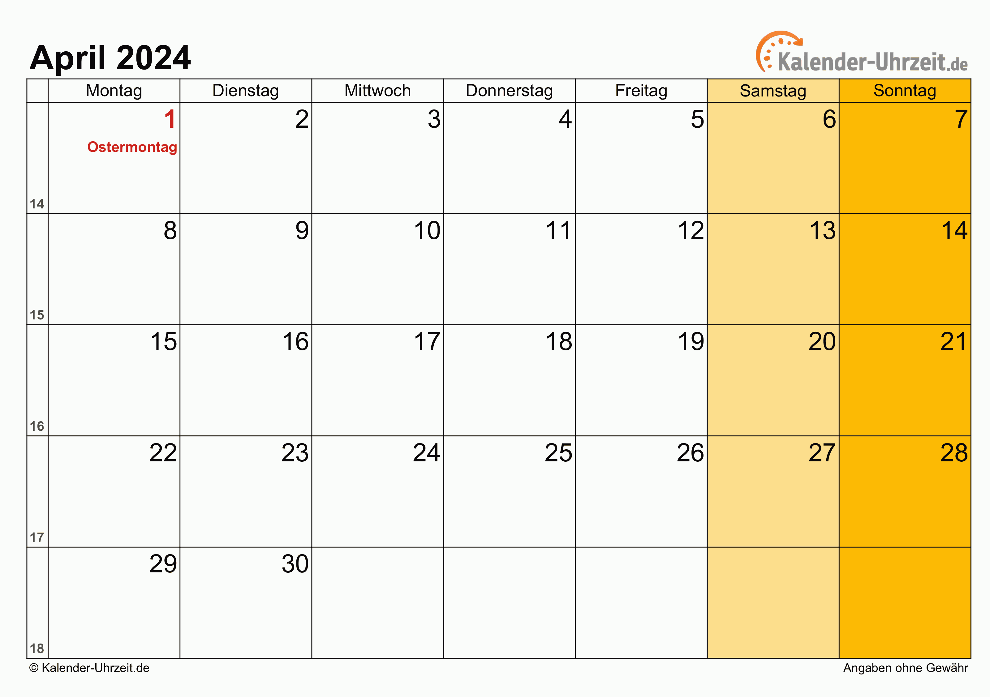 Kalender April 2024 mit Feiertagen