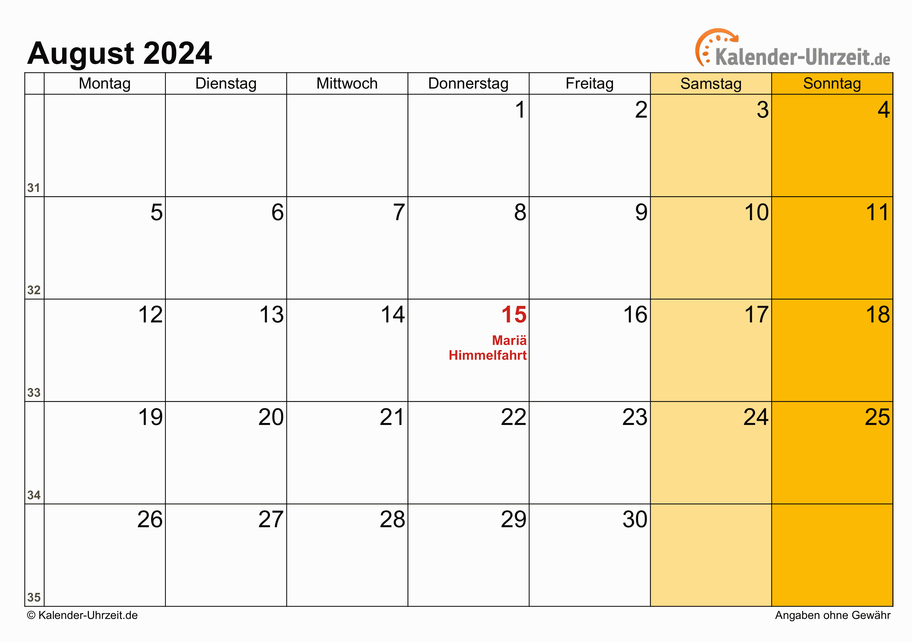 Kalender August 2024 zum Ausdrucken Kalender August 2024 mit Feiertagen