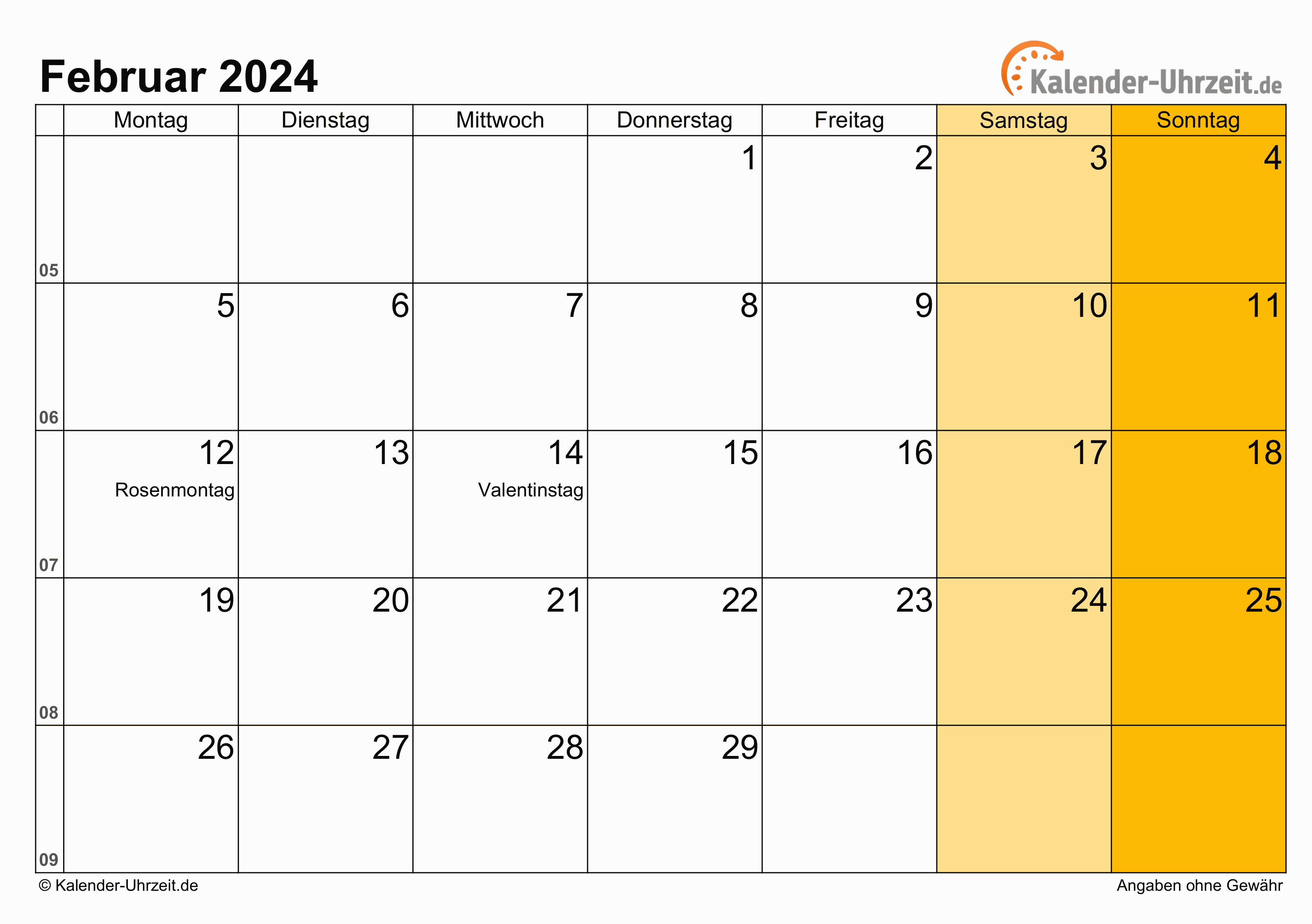 Kalender Februar 2024 mit Feiertagen