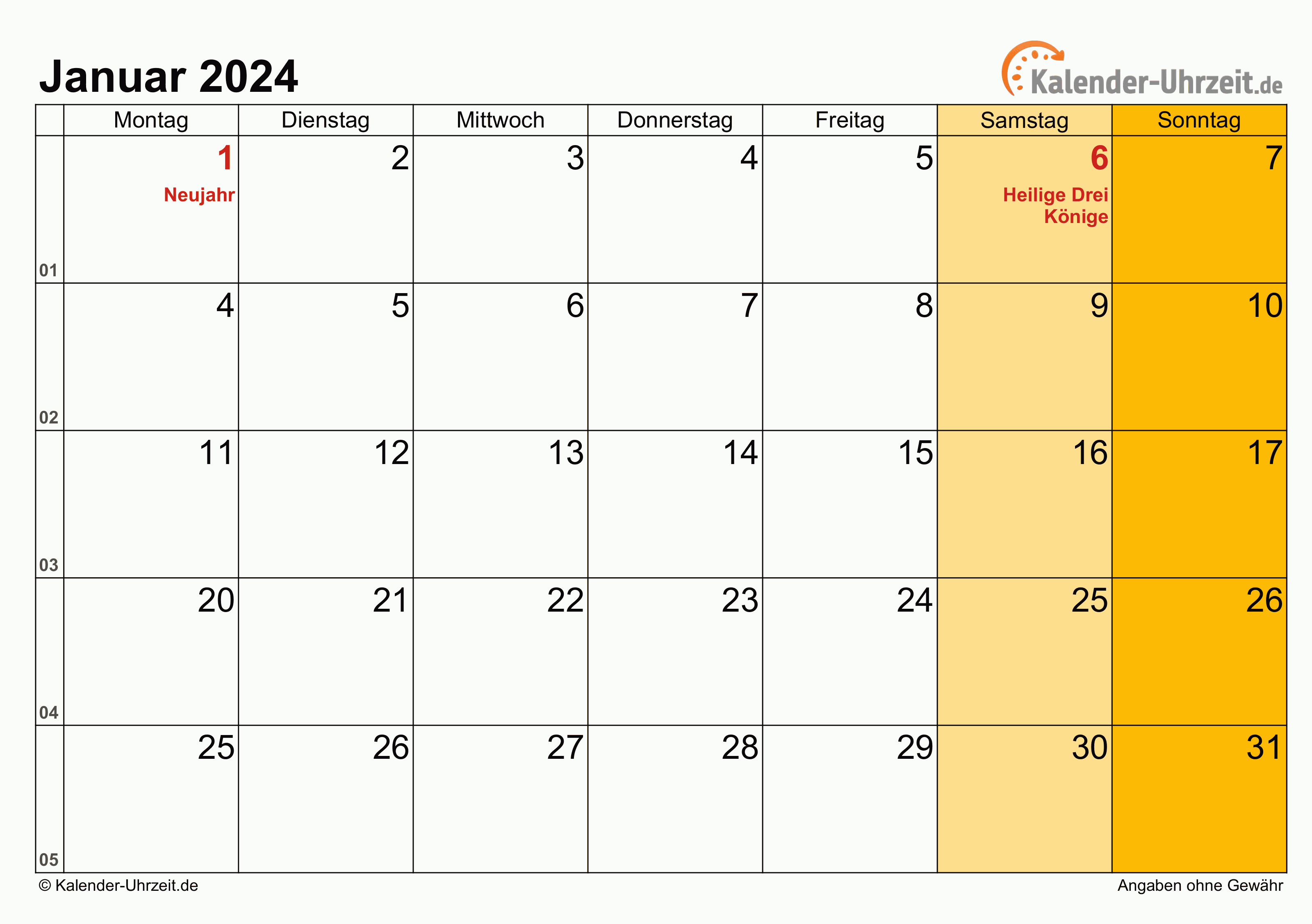 Kalender Januar 2024 mit Feiertagen