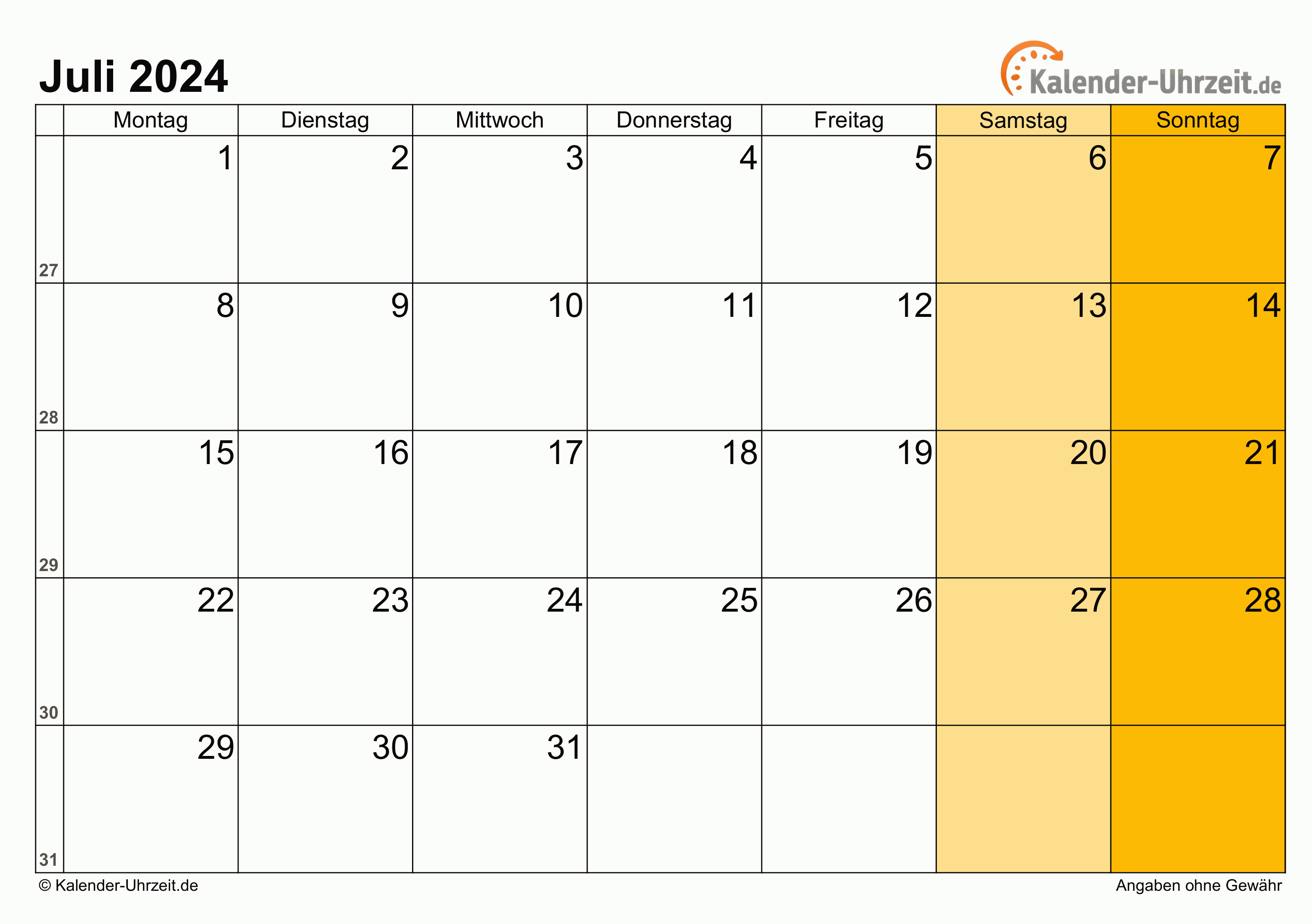 Kalender Juli 2024 mit Feiertagen