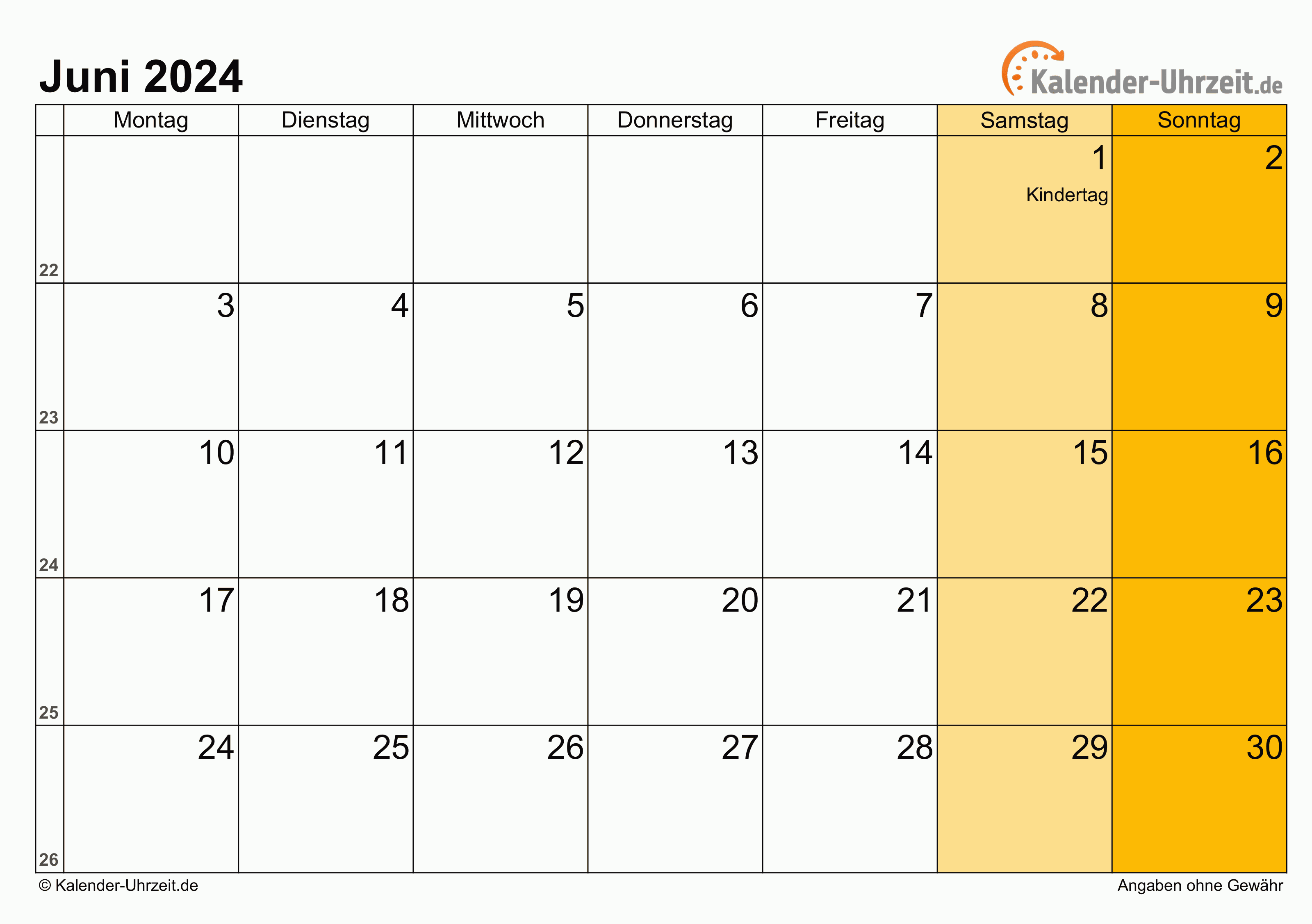Kalender Juni 2024 mit Feiertagen