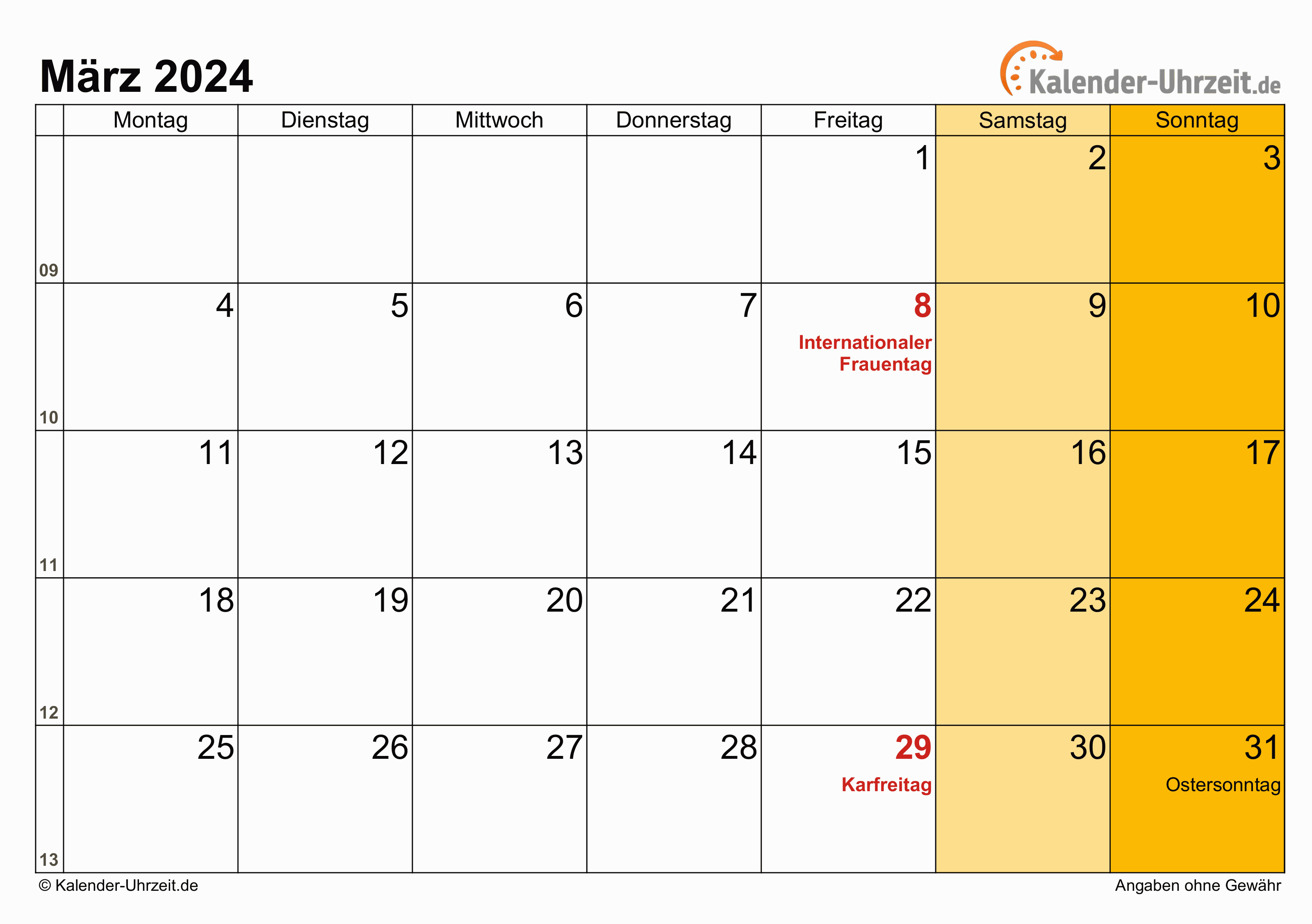 Kalender März 2024 zum Ausdrucken Kalender März 2024 mit Feiertagen