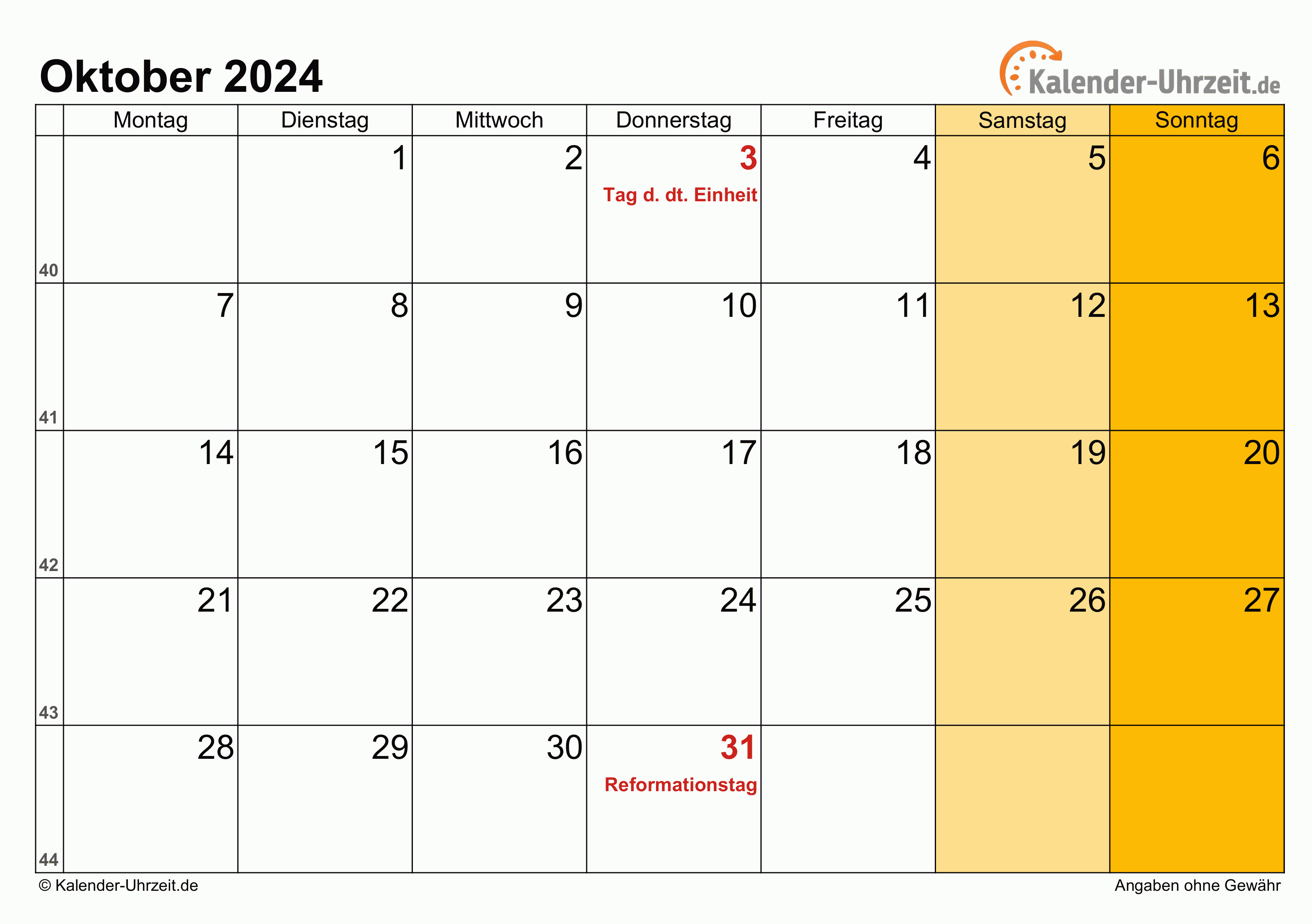 Kalender Oktober 2024 mit Feiertagen