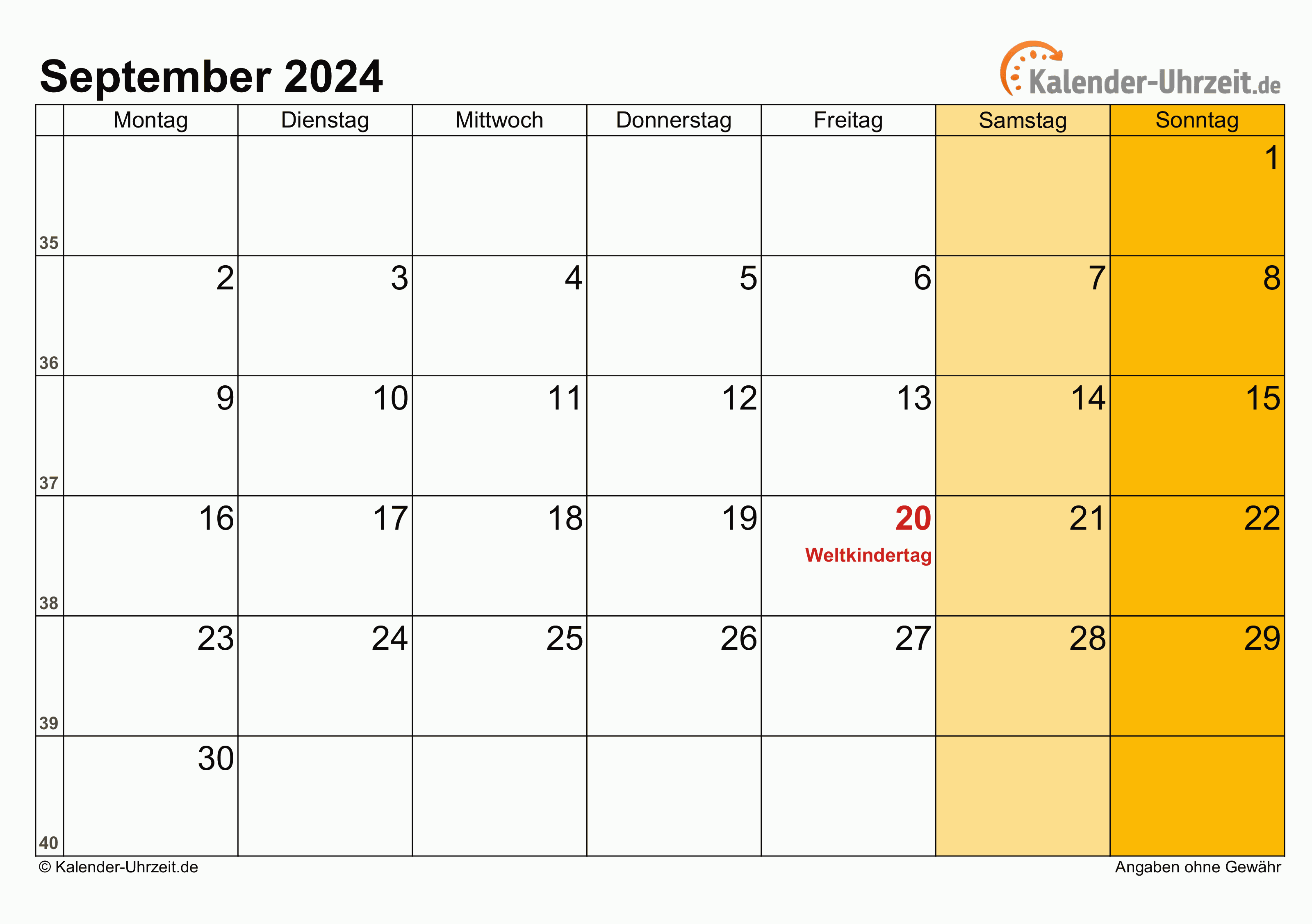 Kalender September 2024 mit Feiertagen