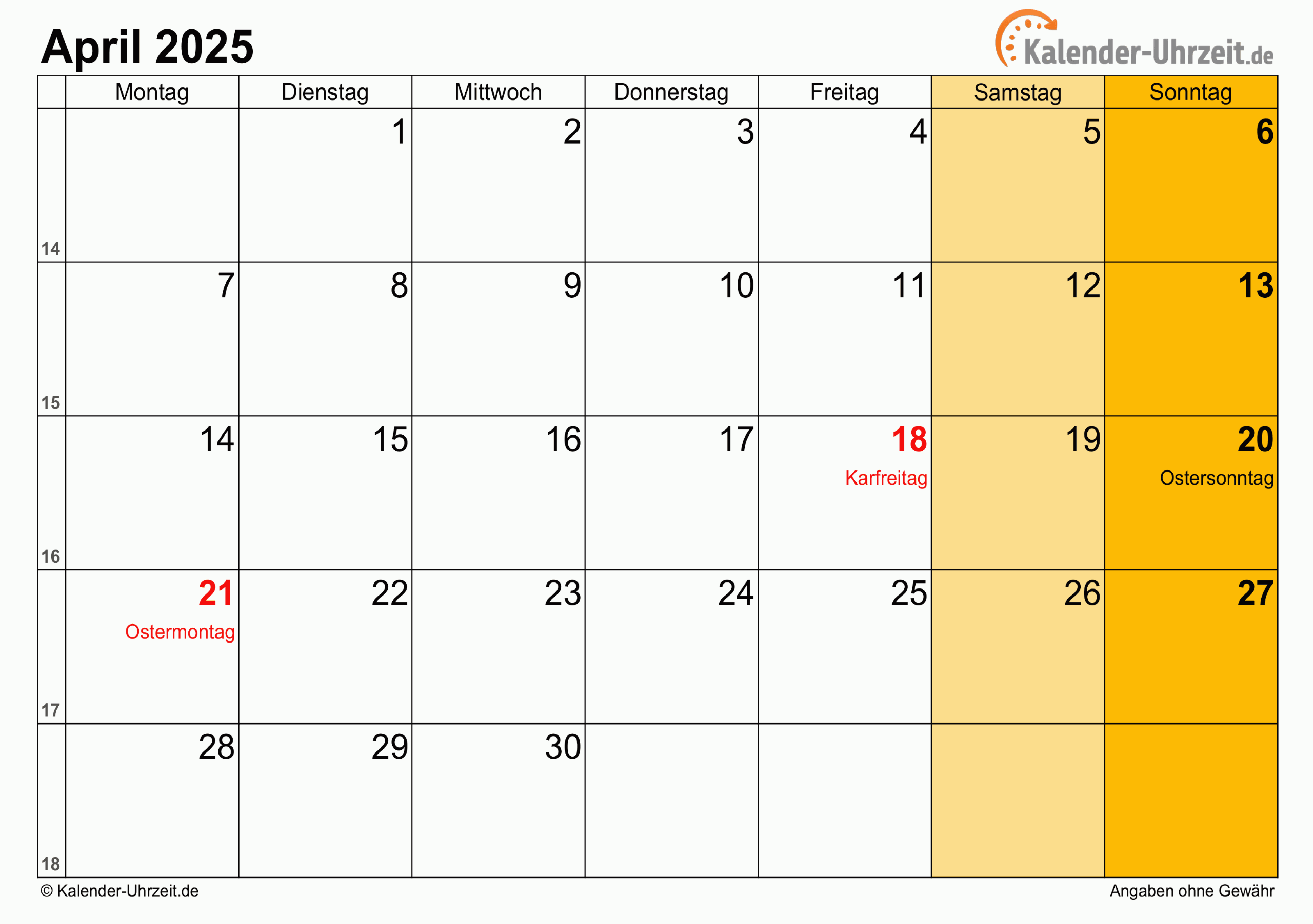 Kalender April 2025 mit Feiertagen