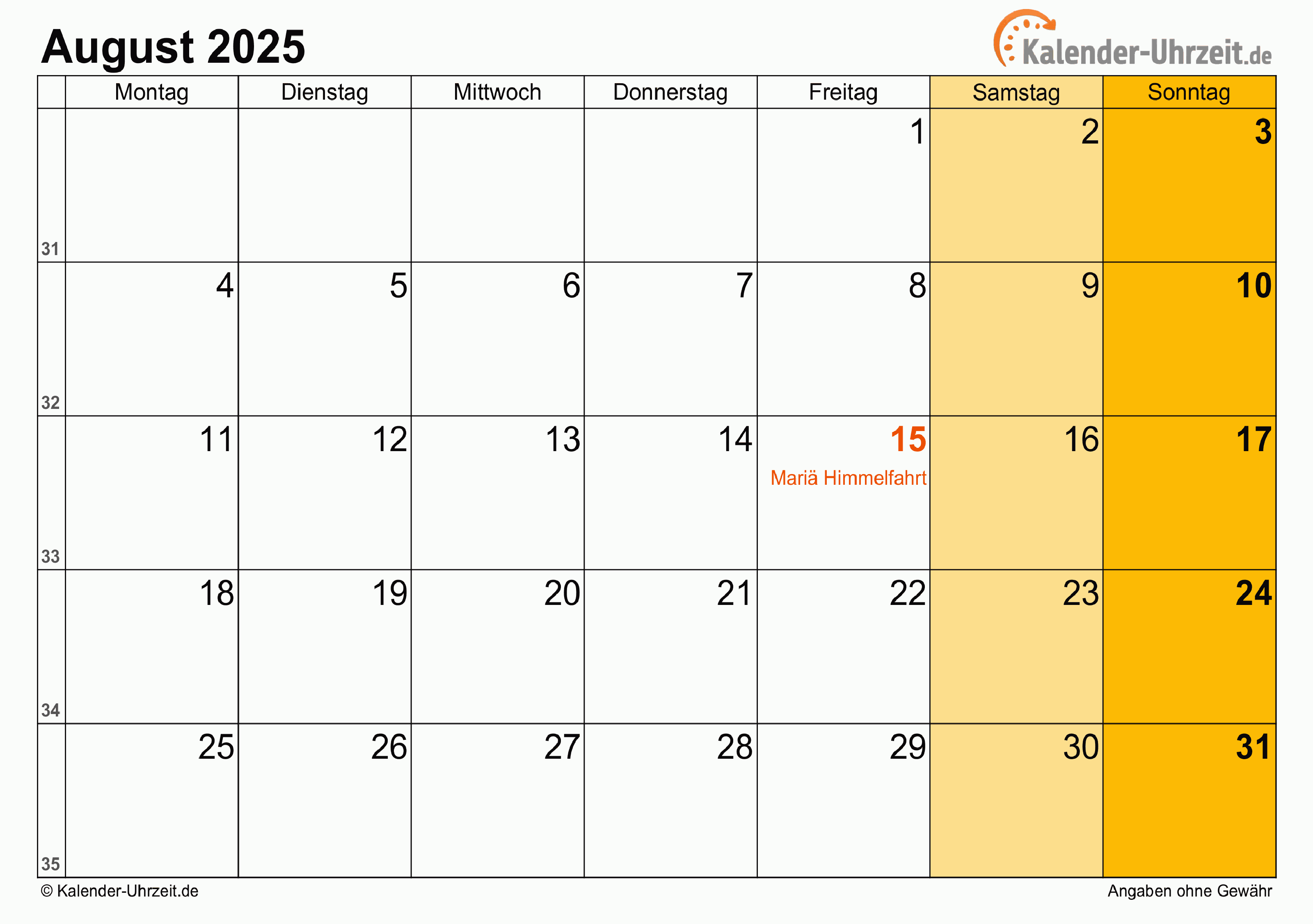 Kalender August 2025 mit Feiertagen