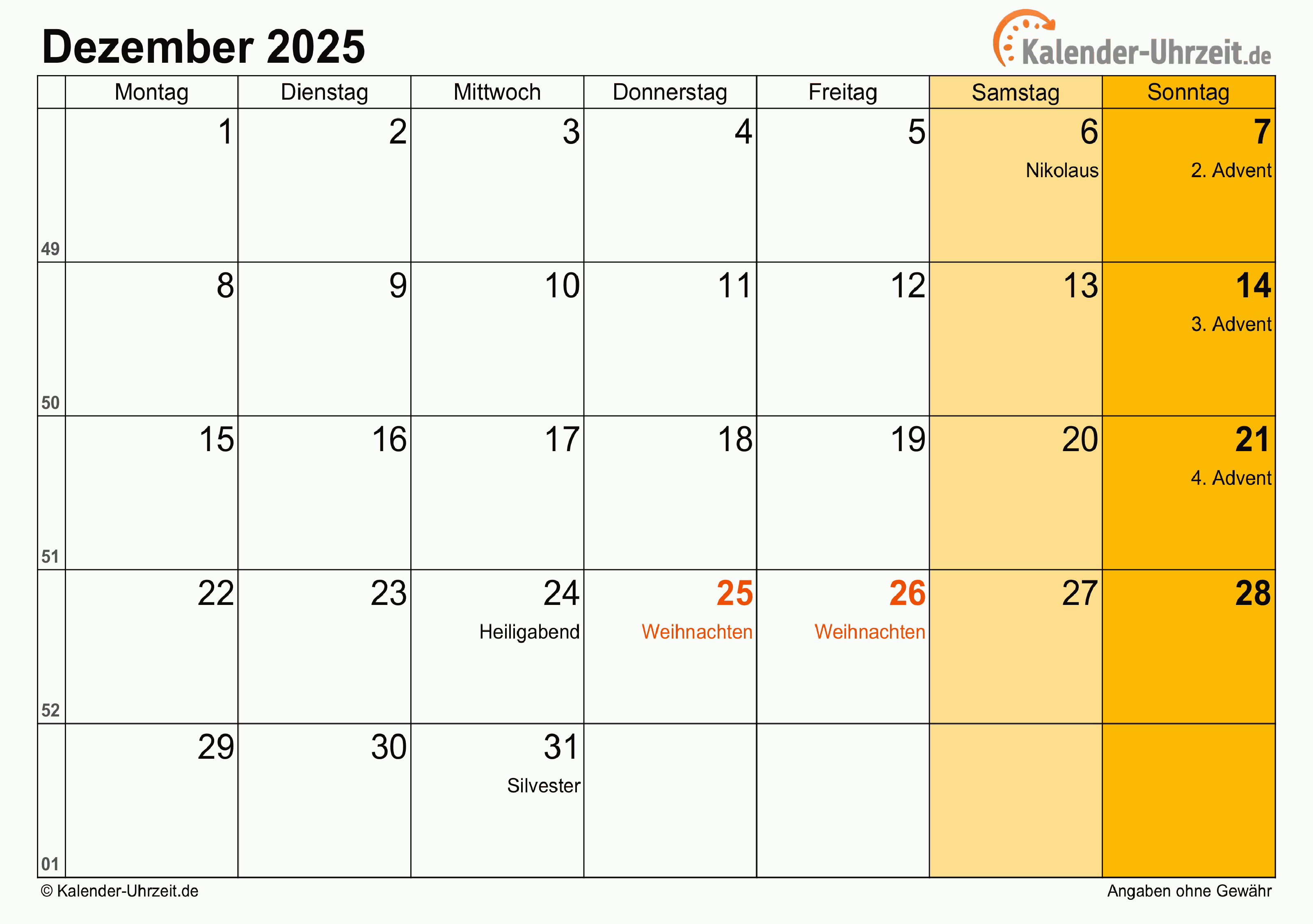 Kalender Dezember 2025 mit Feiertagen