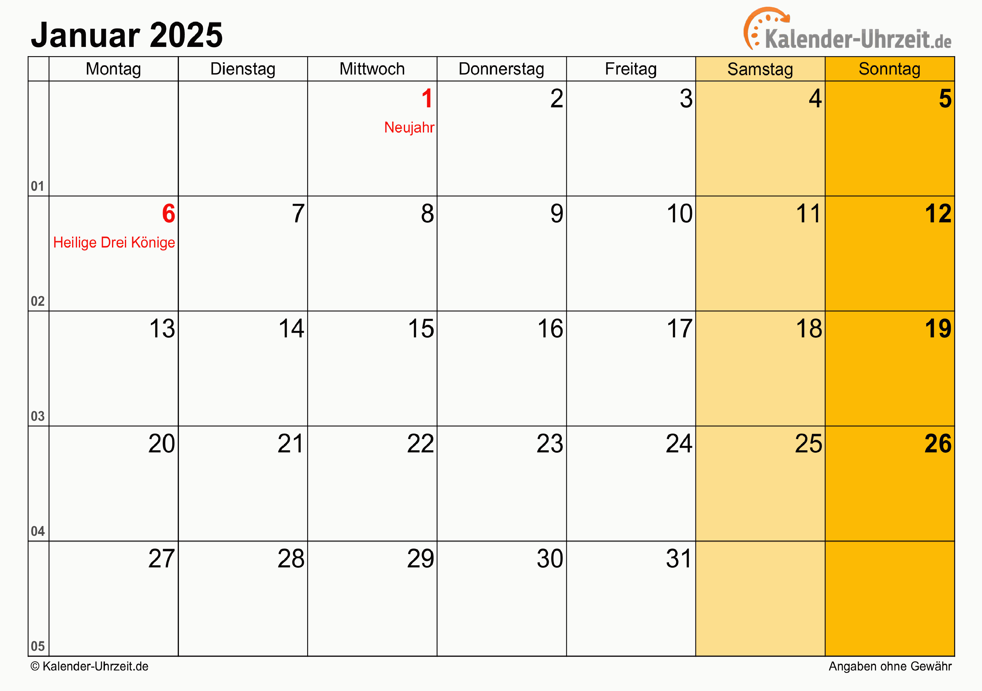 Kalender Januar 2025 mit Feiertagen