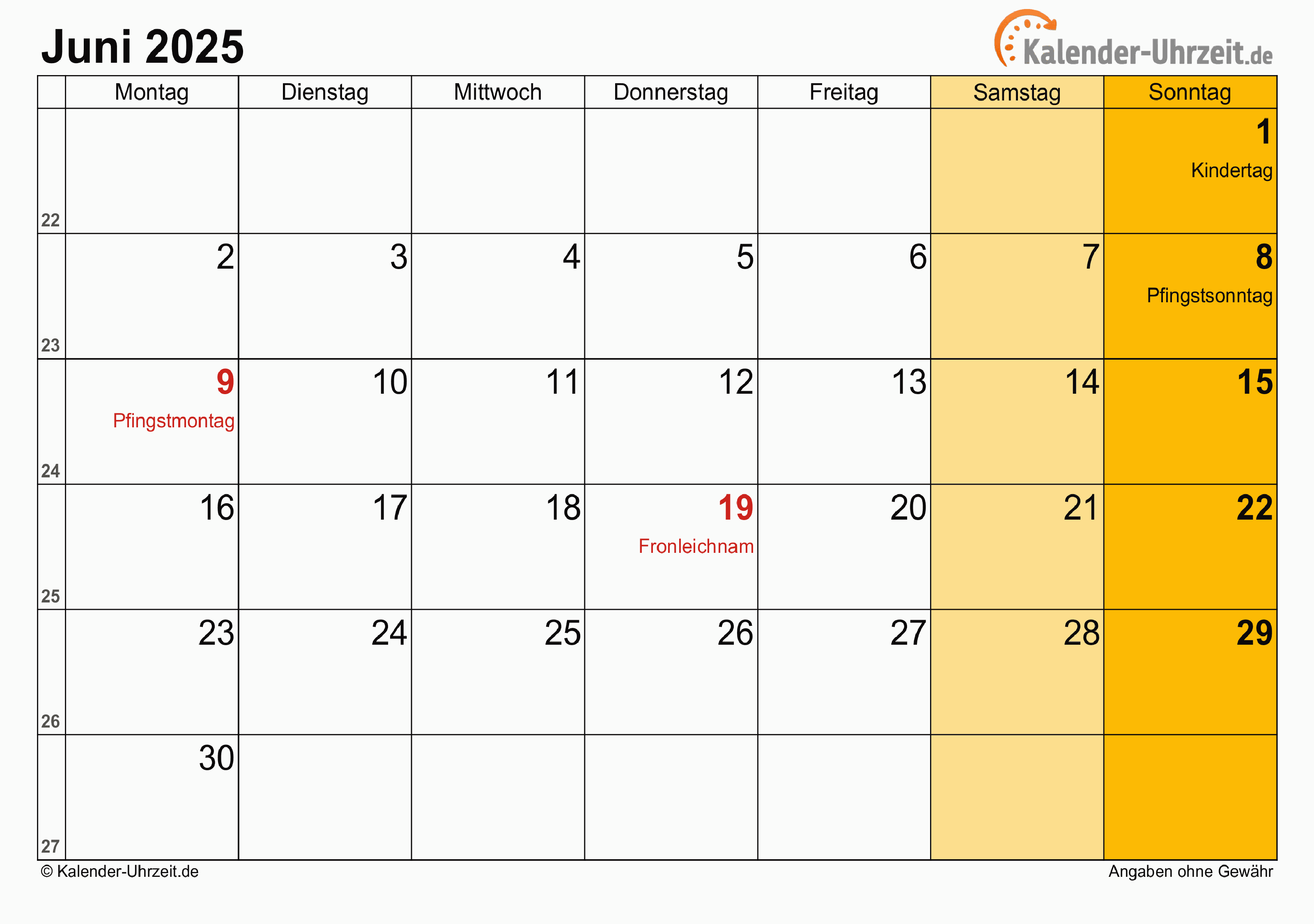 Kalender Juni 2025 mit Feiertagen