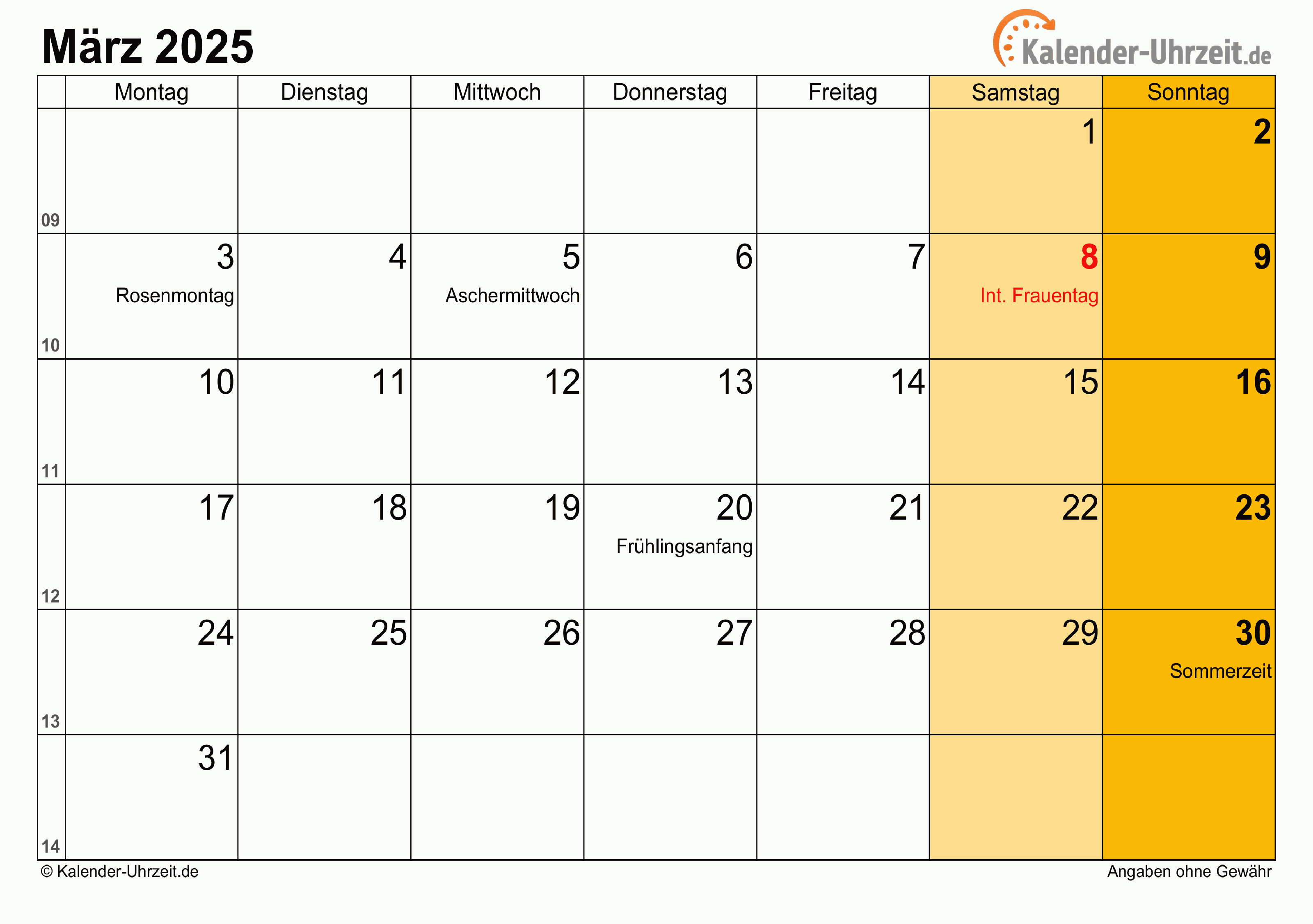 Kalender März 2025 mit Feiertagen