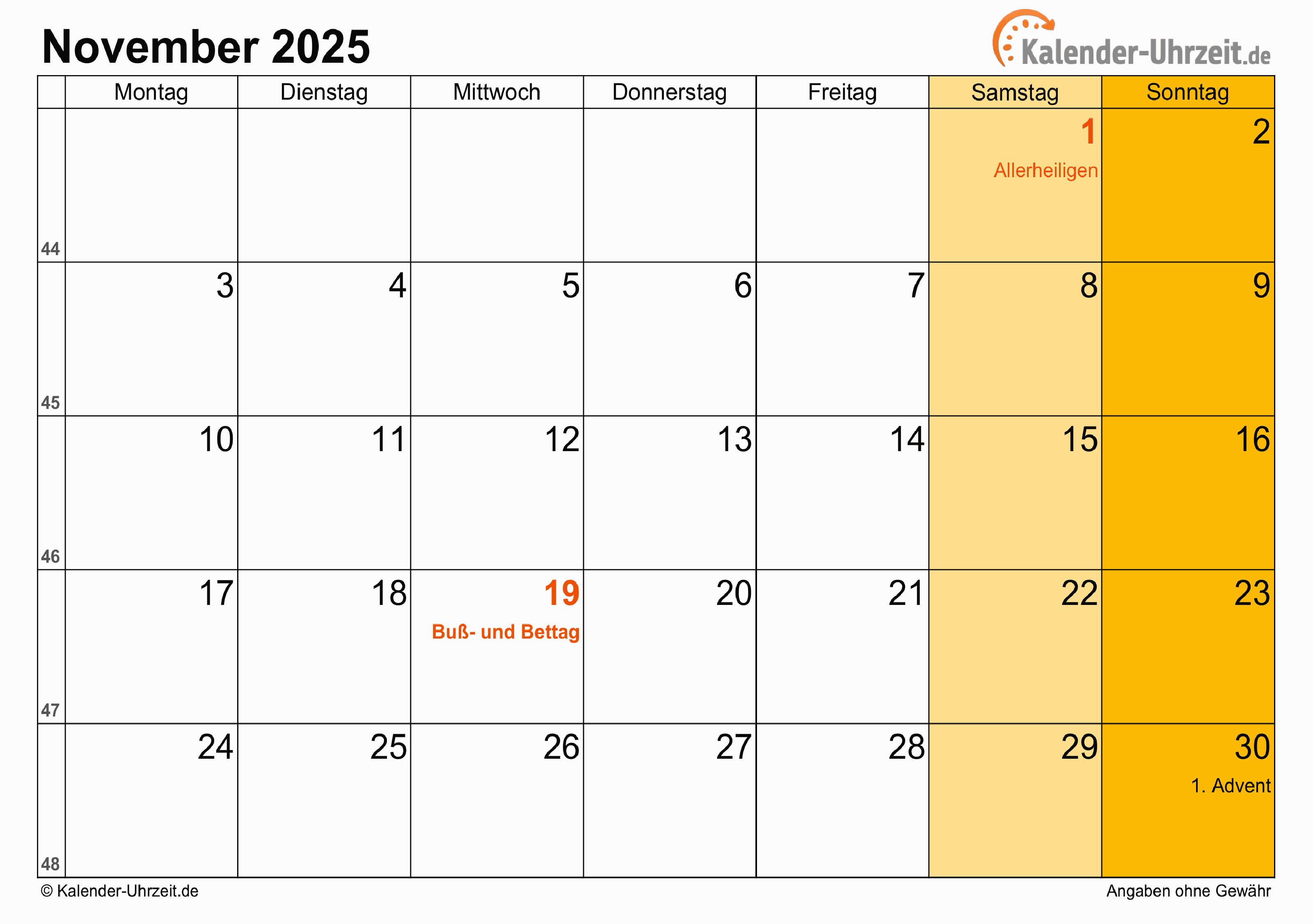 Kalender November 2025 mit Feiertagen