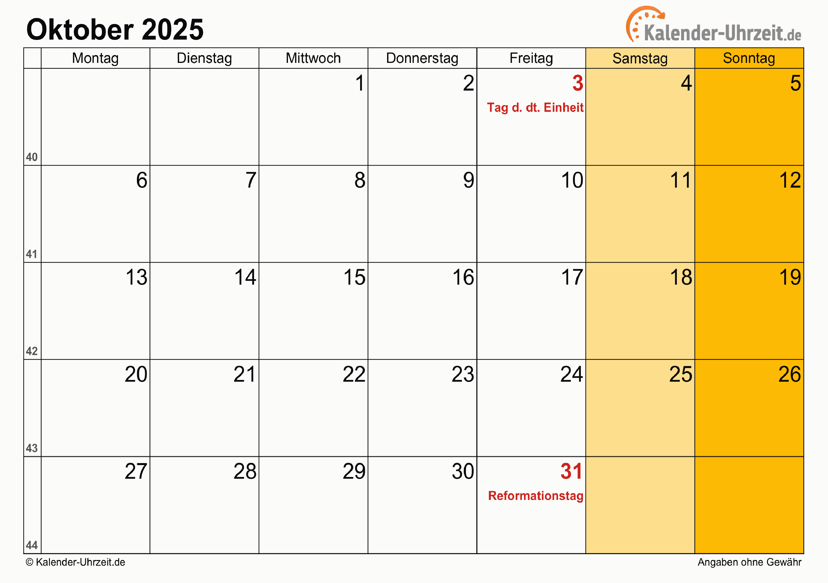 Kalender Oktober 2025 mit Feiertagen