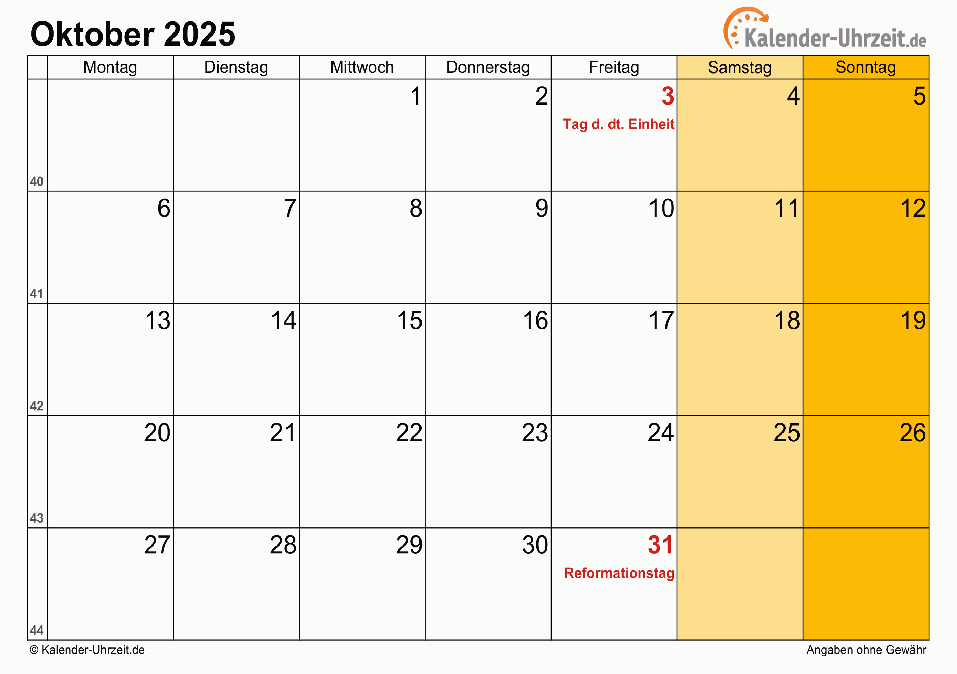 Kalender Oktober 2025 zum Ausdrucken Kalender Oktober 2025 mit Feiertagen