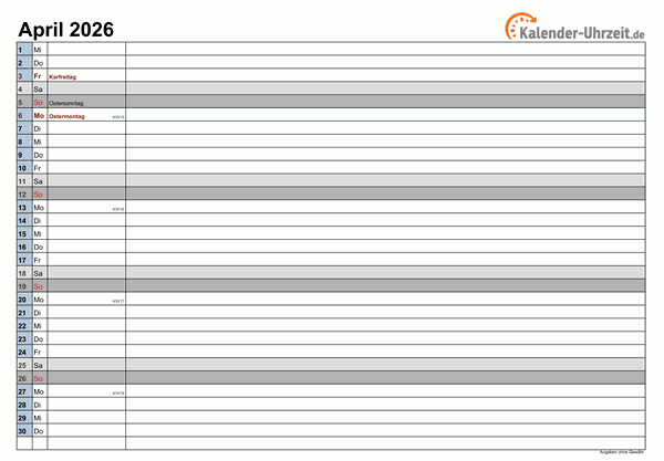 Kalender April 2026 mit Feiertagen