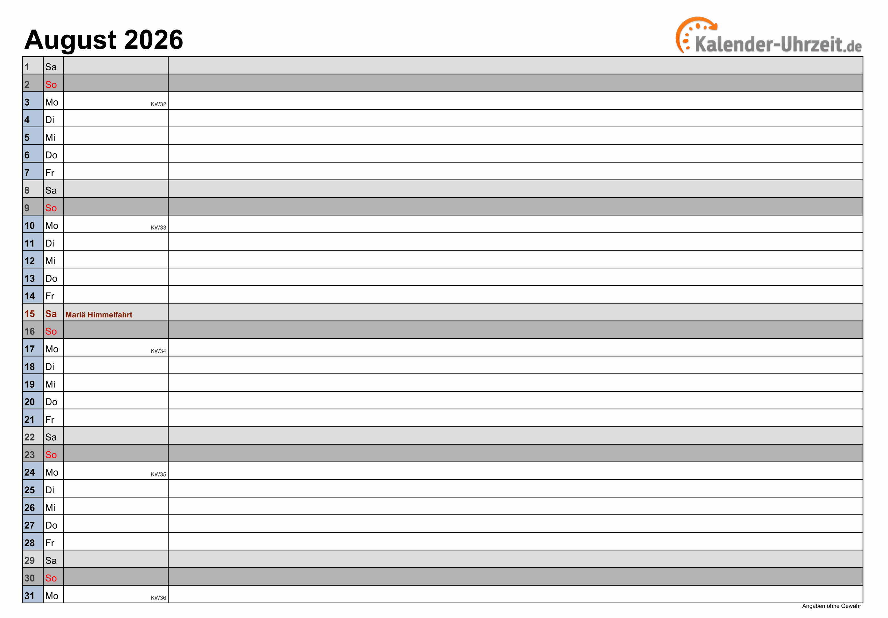 Kalender August 2026 zum Ausdrucken Kalender August 2026 mit Feiertagen