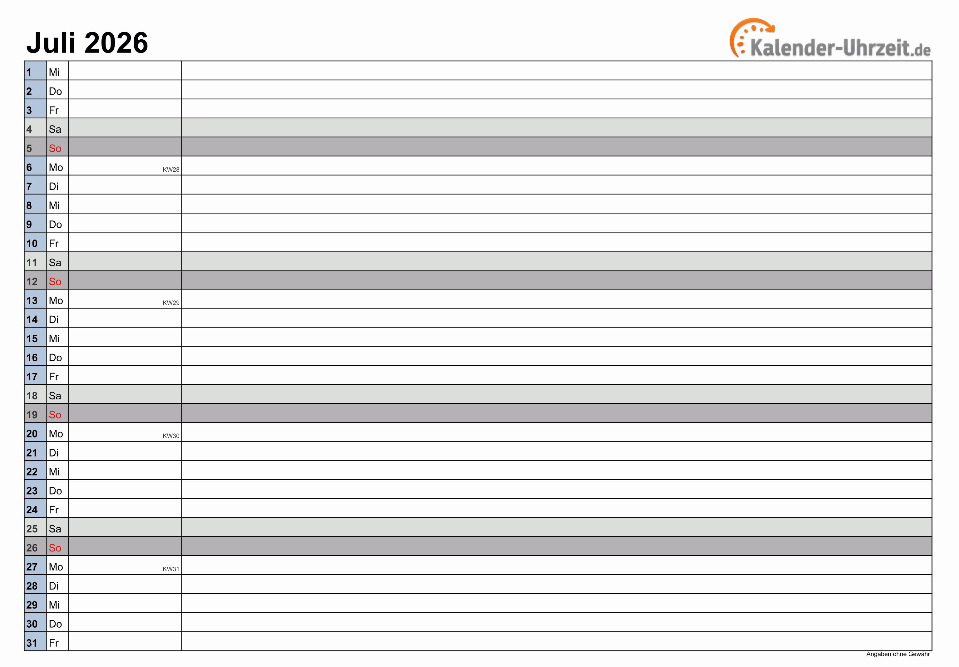 Kalender Juli 2026 zum Ausdrucken Kalender Juli 2026 mit Feiertagen
