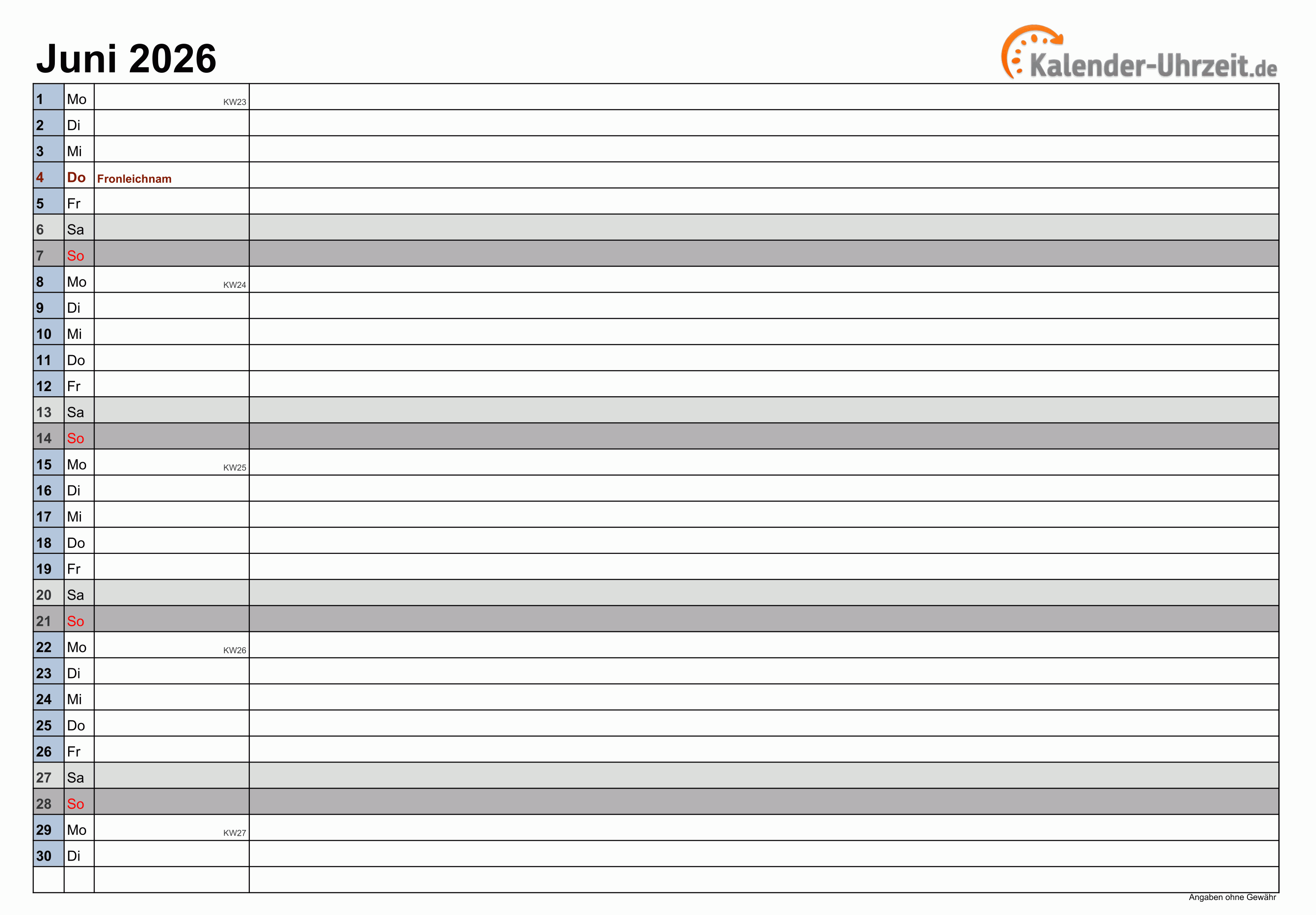 Kalender Juni 2026 zum Ausdrucken Kalender Juni 2026 mit Feiertagen