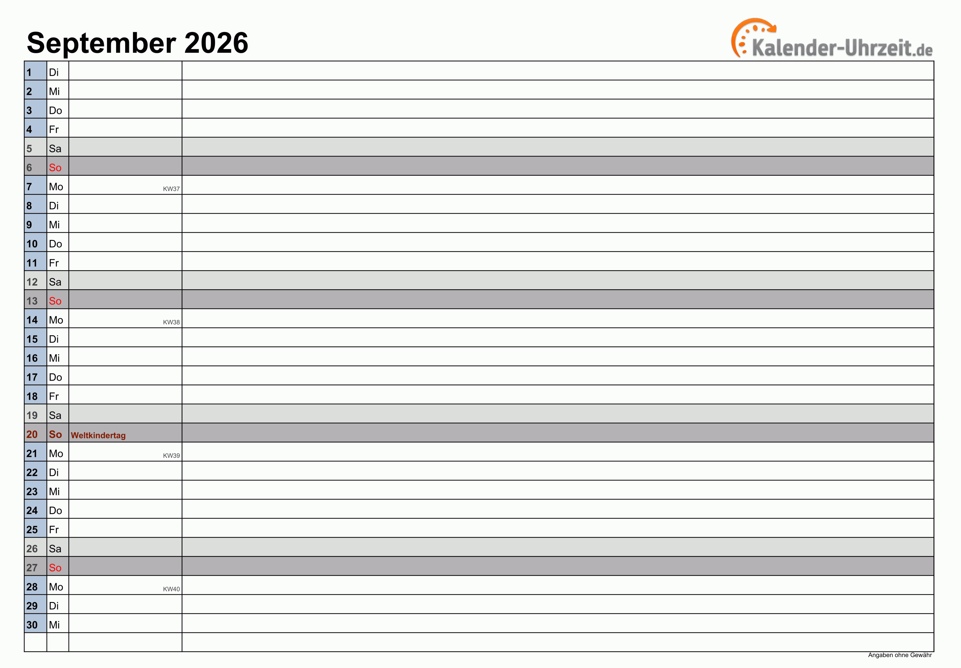 Kalender September 2026 zum Ausdrucken Kalender September 2026 mit Feiertagen