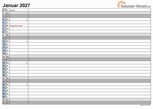 Kalender Januar 2027 mit Feiertagen