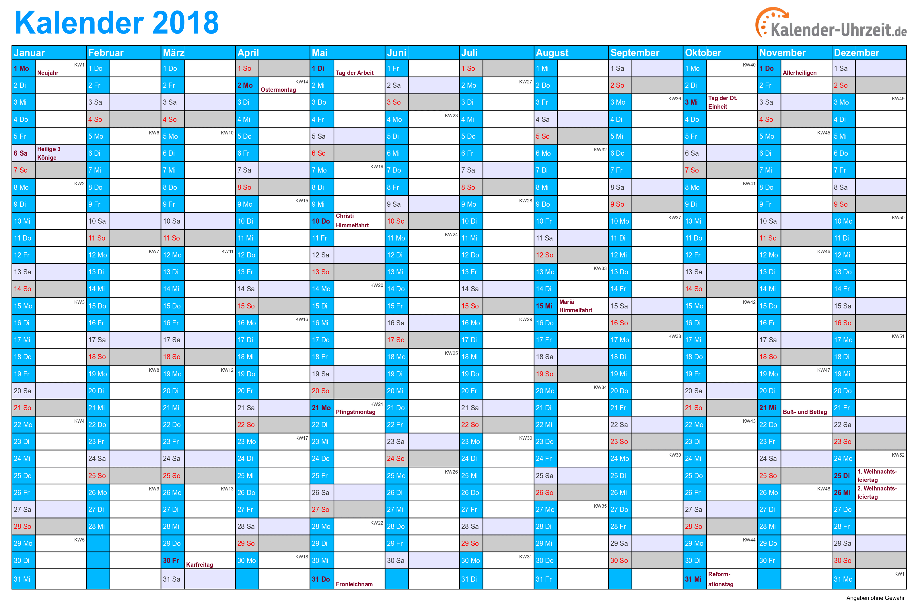 Jahreskalender 2018 mit Feiertagen - 1-seitig - A4-Querformat