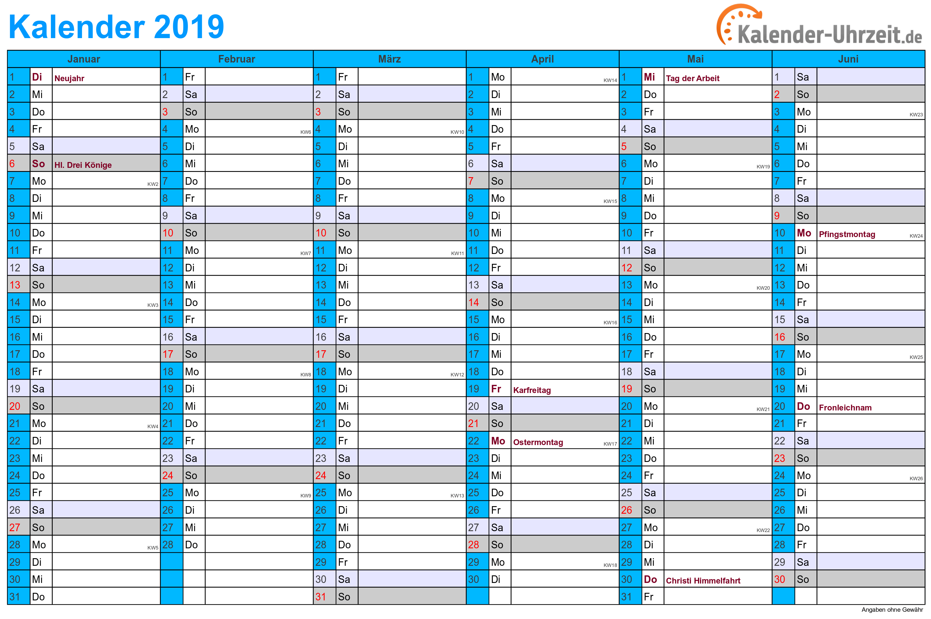 Kalender 2019 mit Feiertagen - 2-seitig - A4-Querformat