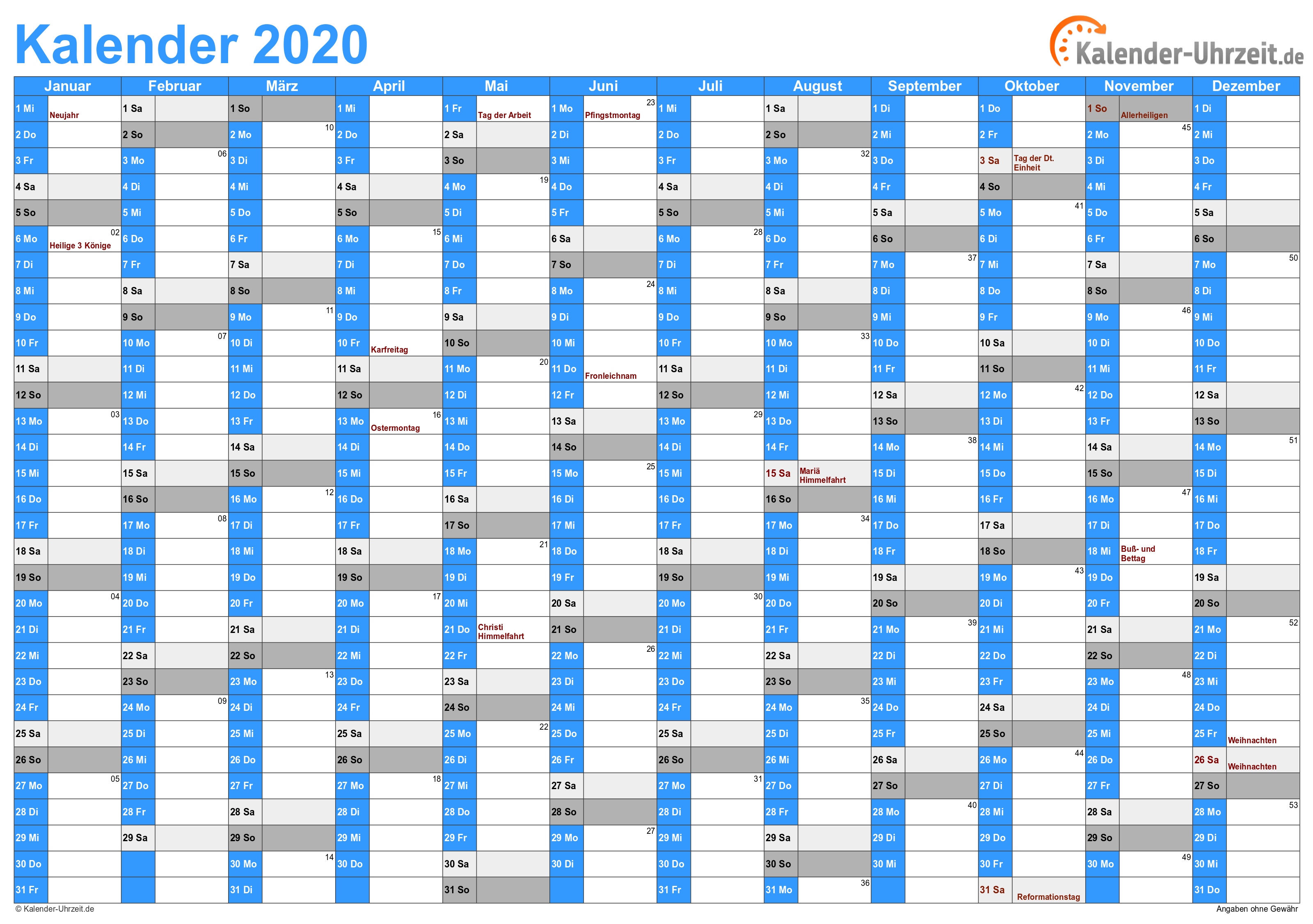 Jahreskalender 2020 mit Feiertagen - 1-seitig - A4-Querformat