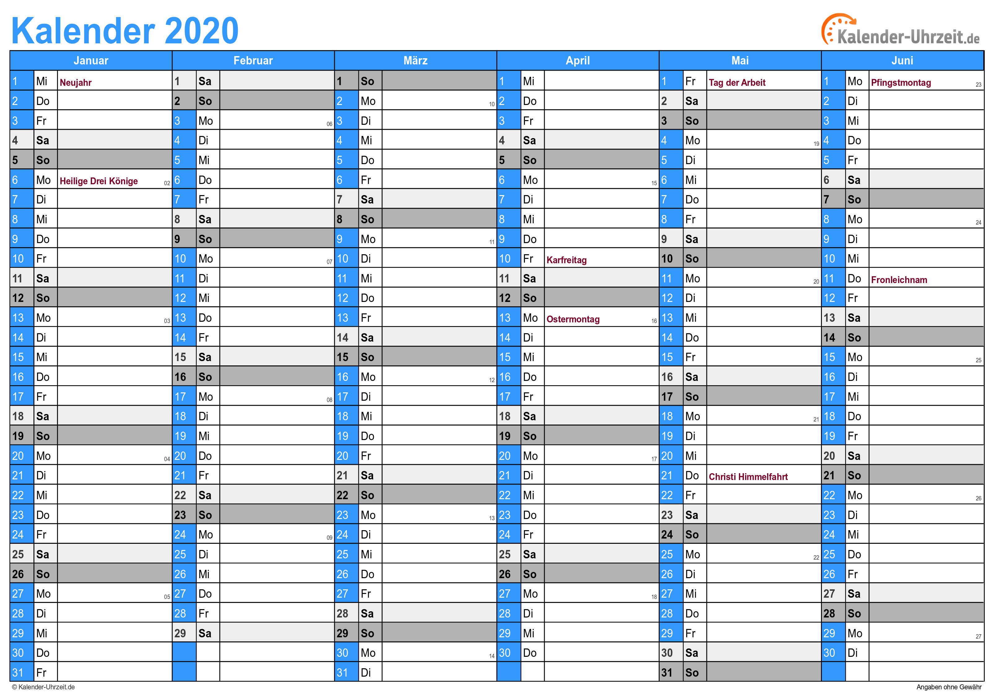 Kalender 2020 mit Feiertagen - 2-seitig - A4-Querformat