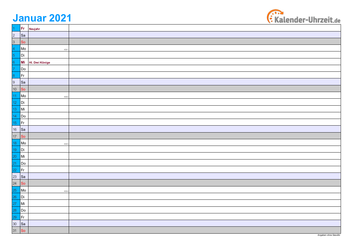 KALENDER 2021 ZUM AUSDRUCKEN - KOSTENLOS